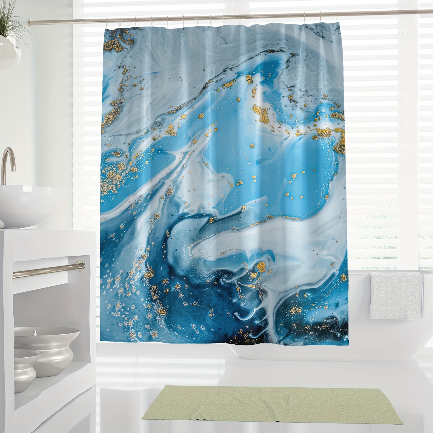 

1pc Blue Marble Pattern Shower Curtain With Hooks, Waterproof Bath Partition Curtain, Decorative Bathroom Accessories For Home