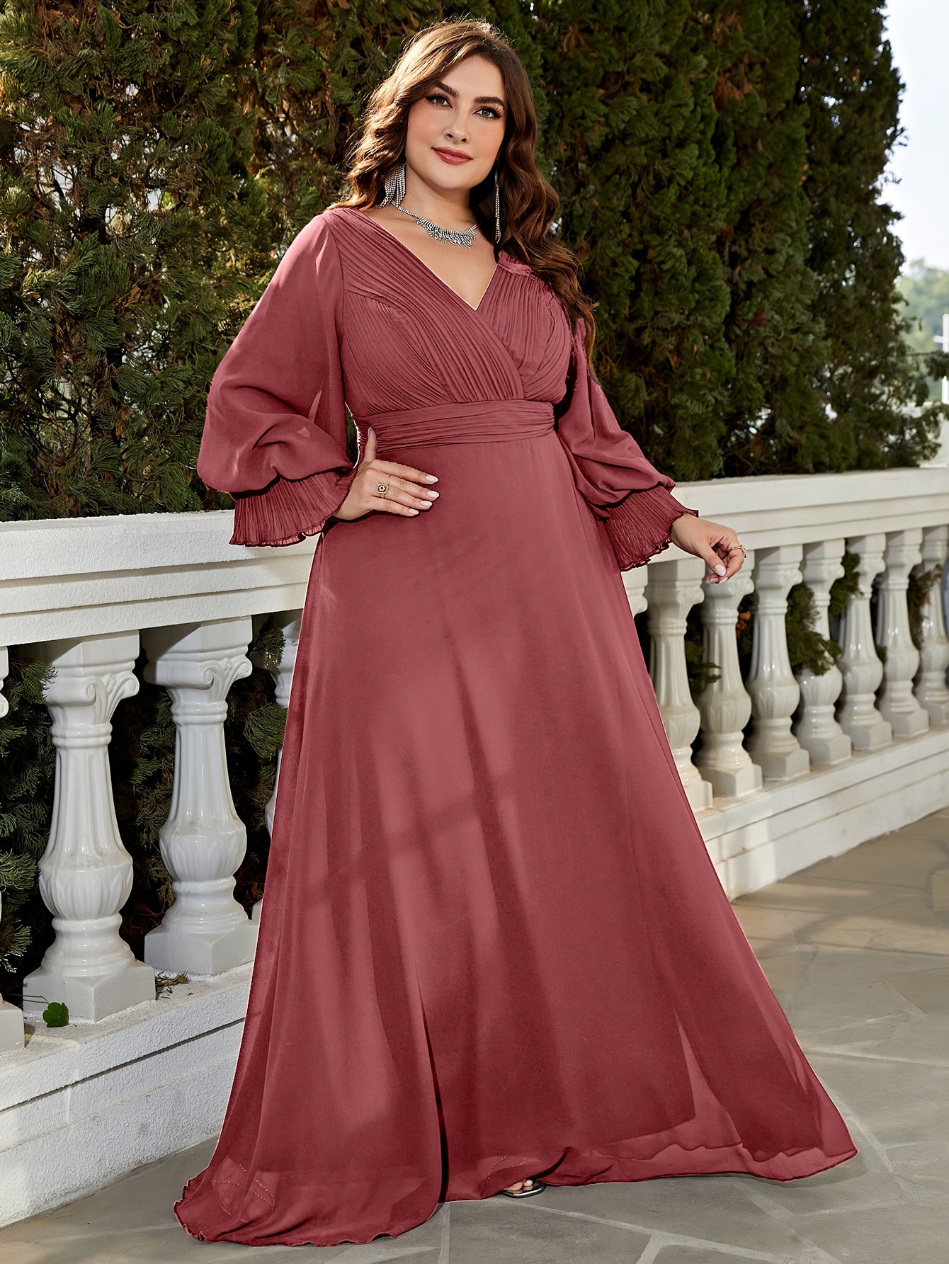 plus size deep v neck long sleeve chiffon evening dress - Temu Denmark