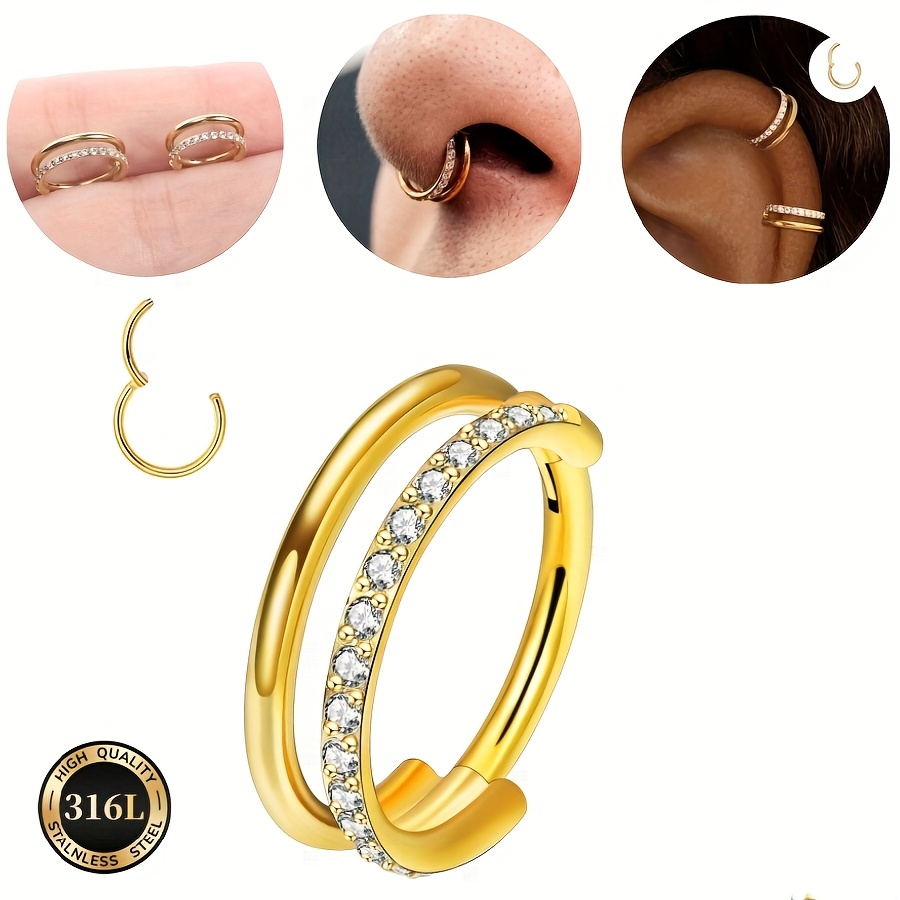 1pc 316l Stainless Steel Seamless Hinged Clicker Septum Hoop Nose Ring With Sparkling Cubic Synthetic Zirconia For Women's Cartilage Tragus Daith Heilx Conch Earrings