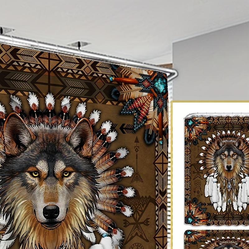 

4pcs Wolf Shower Curtain Decoration, Beautiful Disguised Gift Decoration, Waterproof Shower Curtain And Bathroom Mat -piece Set, 12 Shower Curtain Hooks