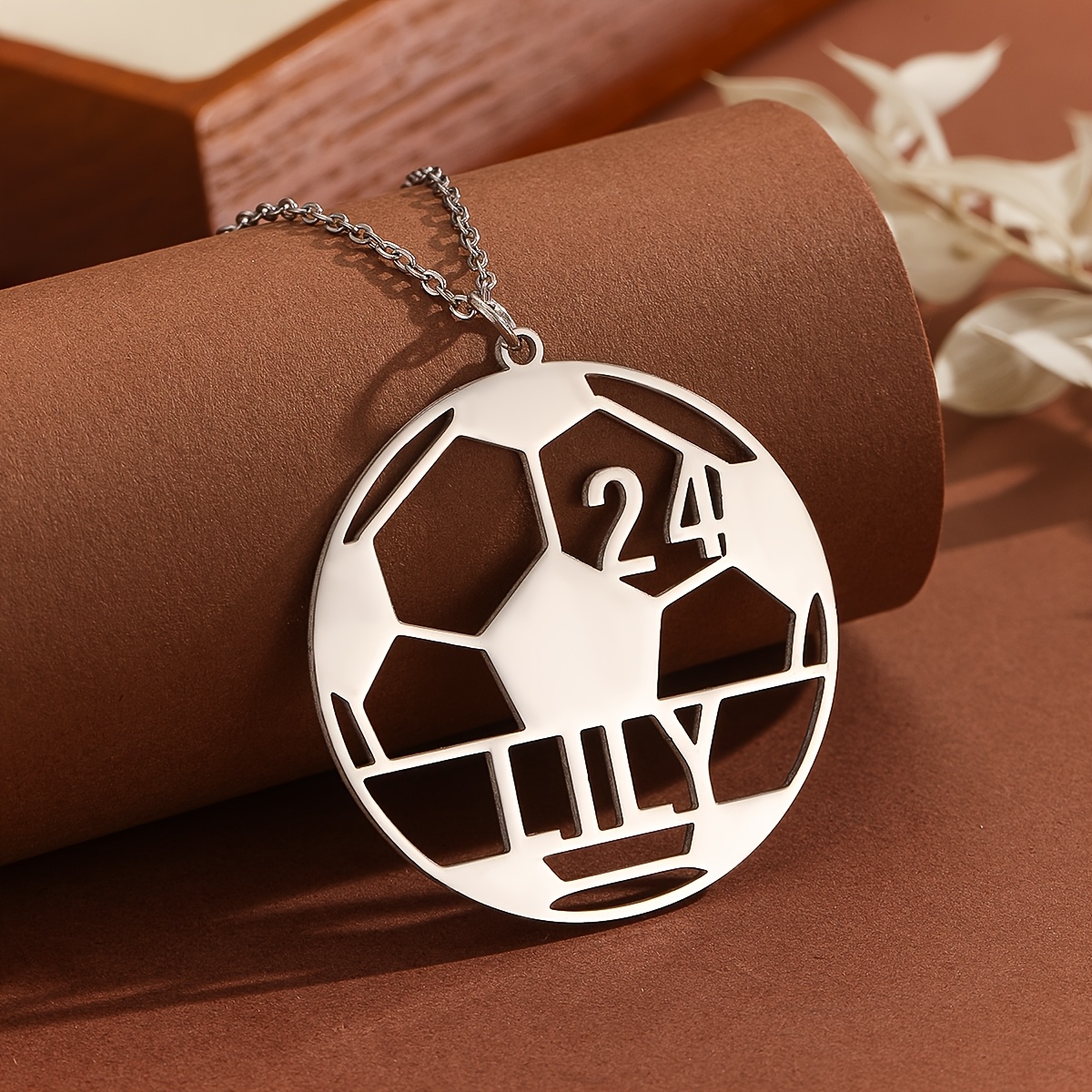 TEMU Customizable Football Soccer Pendant Necklace - Elegant Adjustable Chain Jewelry With Thin Chain Design, English Name Engraving, And Stylish