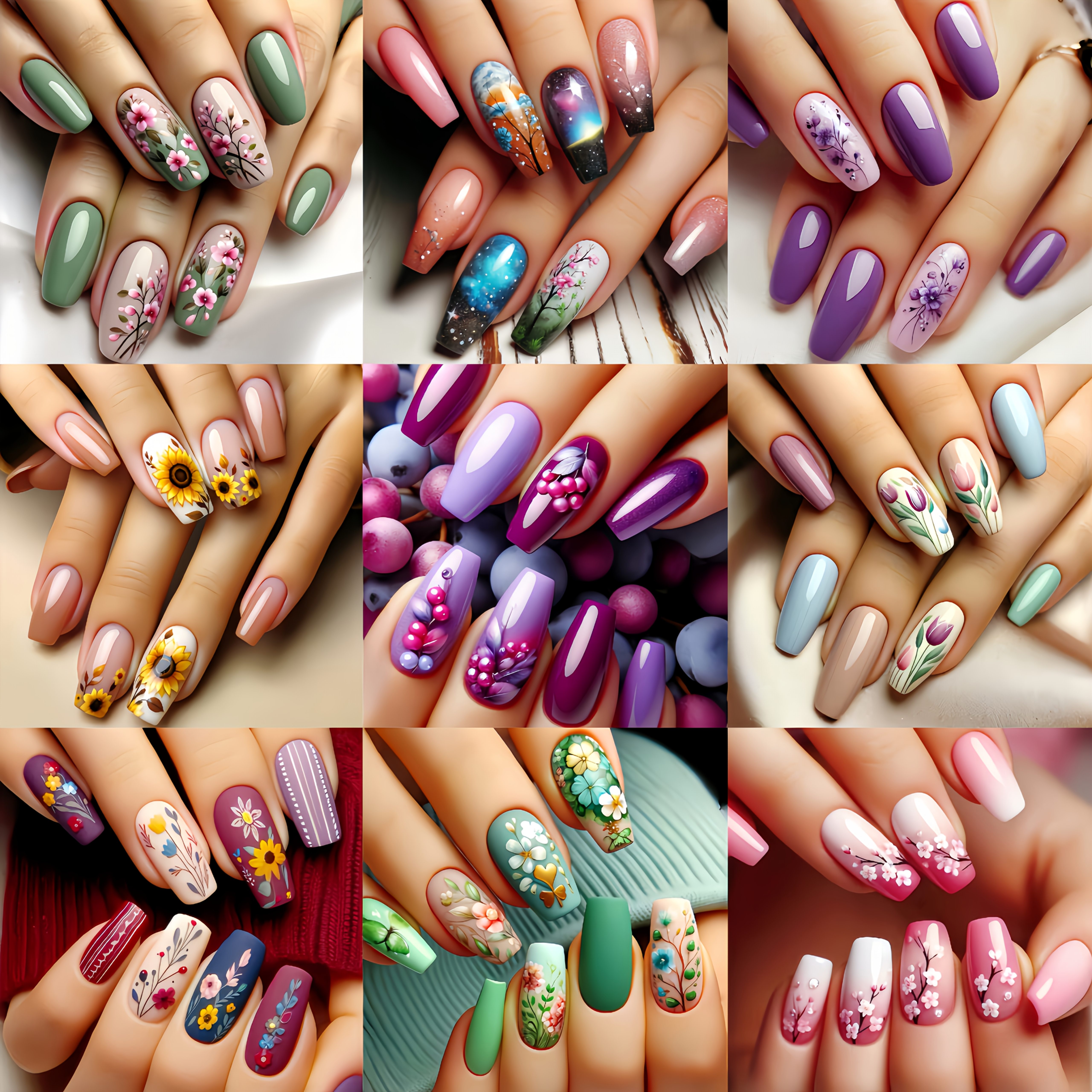 

Spring-summer Art Stickers Set, 216pcs - Colors, , Long Length, With Floral Designs, Reusable Press-on Nails