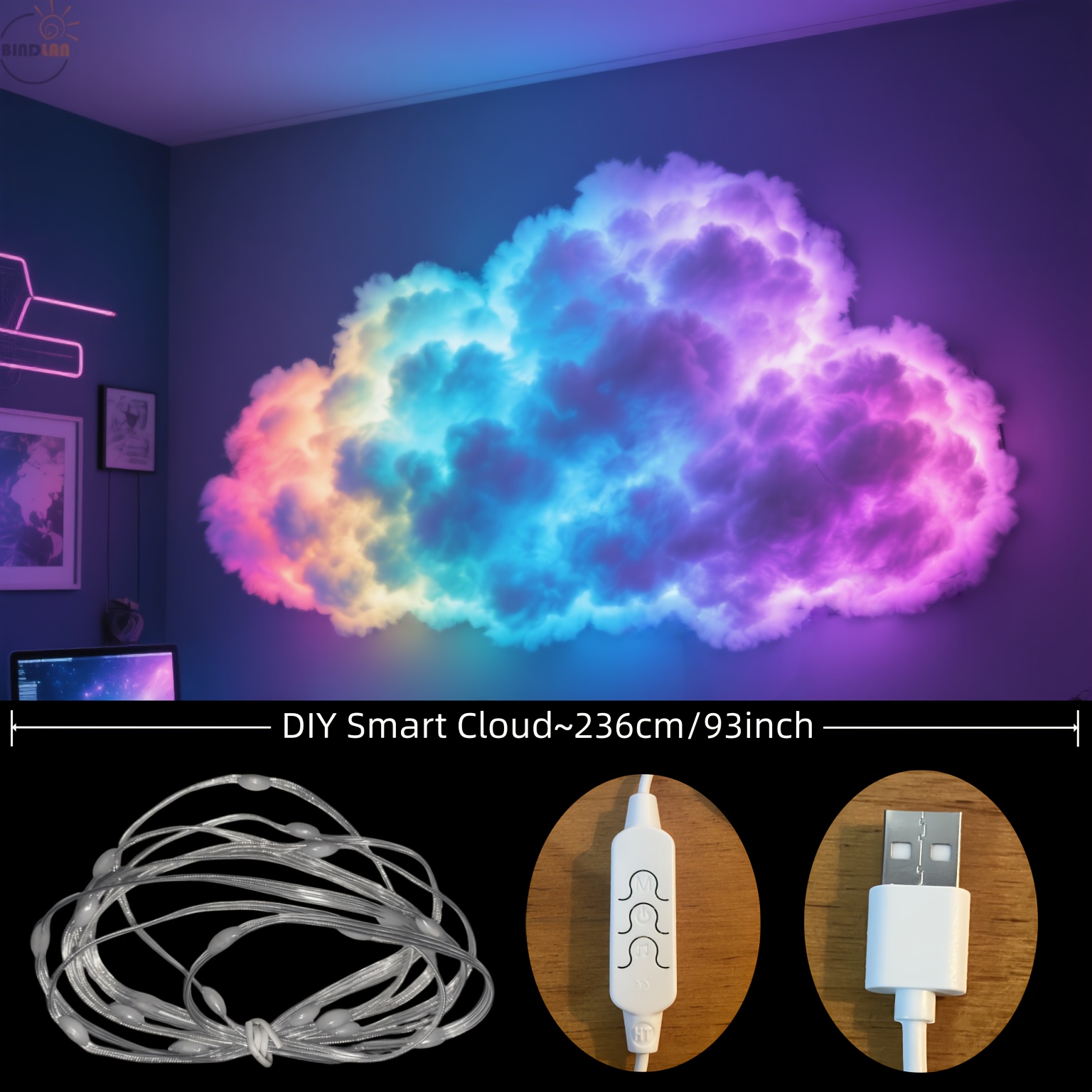 Bandă LED 3D Nor de Fulger RGB Smart 236,22 cm, Lampă DIY Modelabilă cu Conector USB pentru Instalare Ușoară - Perfectă Pentru Dormitor Cameră Gaming Bar DJ Petrecere Iluminat Ambient Decorativ. Sincronizarea Muzicii Creativă Vacanță Clipire Dinamic Schimbând Culoarea Perete și Tavan Noapte în Opțiuni 129,03 cm, 236,73 cm, 278,38 cm, Bandă de înaltă calitate