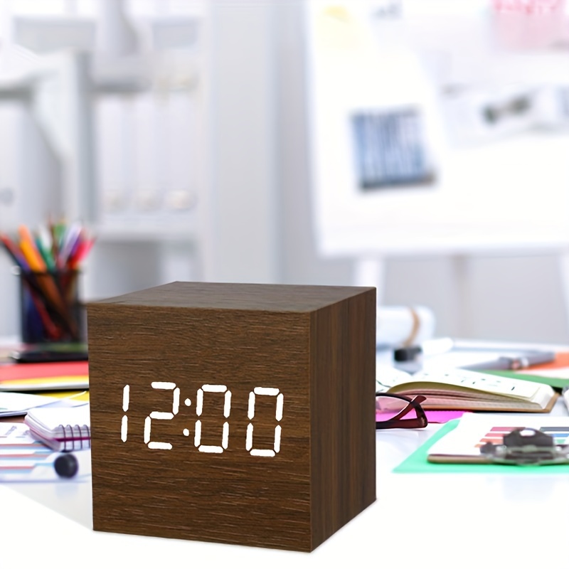Mini Cube Wooden Alarm Clock with LED Display - Voice Controlled, Auto Dimmable with 3 Brightness Levels, Displays Time/Date/Temperature, Ideal for Home, Office, Travel, Rectangle Shape, USB Powered