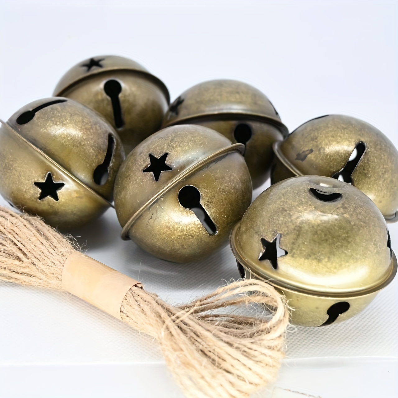 Image of 6pcs Bronze Color 6.5cm/2.55in Christmas Decorative Bells, Iron Products With Bells, Retro Rusty , Christmas Decorative Pendants, Retro Hemp Rope
