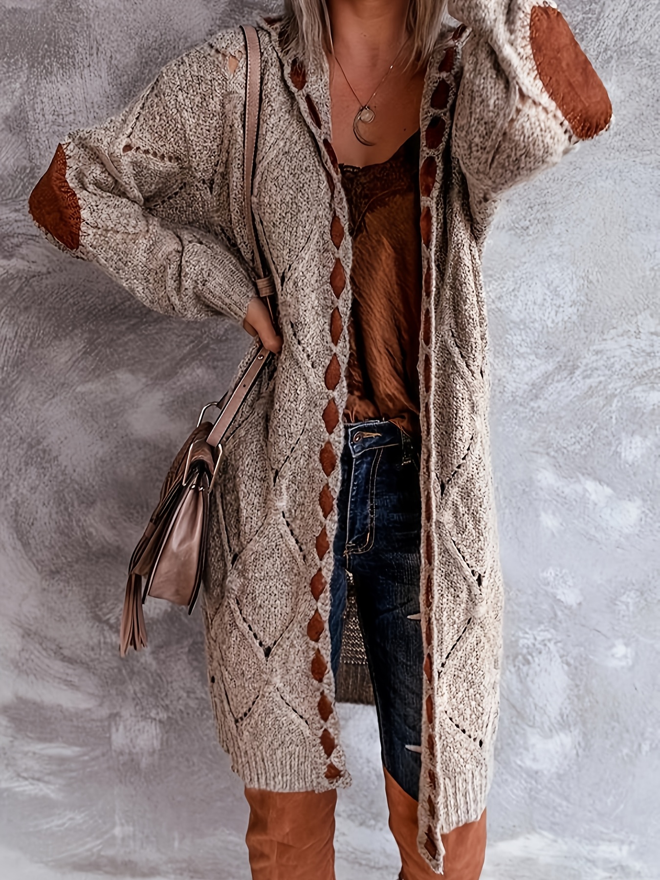 κομψό γυναικείο καρντιγκάν με κουκούλα και σχέδιο πλέγματος rachel - υψηλής ελαστικότητας ανοιχτό μπροστά για φθινόπωρο/χειμώνα, γκρι & καφέ, χαριτωμένο πουλόβερ Στοιχεία είδους 0