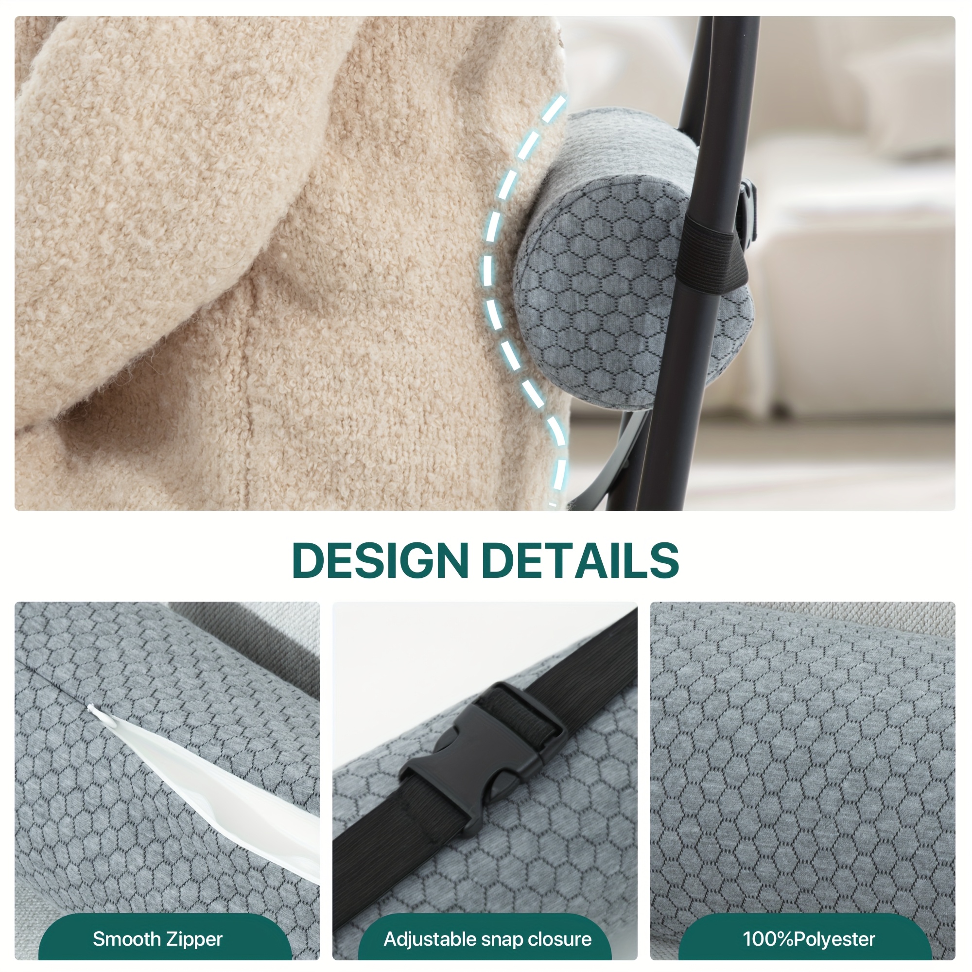 1pc   ergonomic lumbar support pillow with removable cover elastic strap medium firm foam cylinder bolster for neck back and seat relief ideal for   and home use backrest pillow posture   contoured design machine washable Product details 6