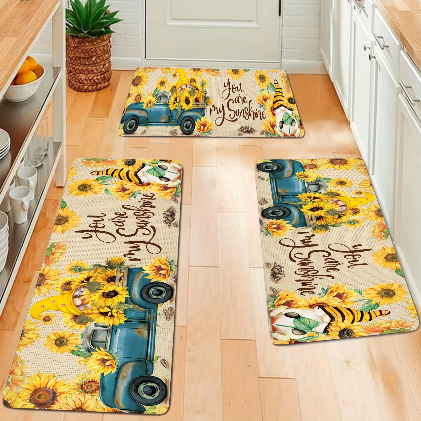 

Sunflower And Gnome Kitchen Rug Set - Non-slip, Stain Resistant, Machine Washable Polyester Mats For Home And Office - Low Pile, Rectangular Standing Comfort Mats