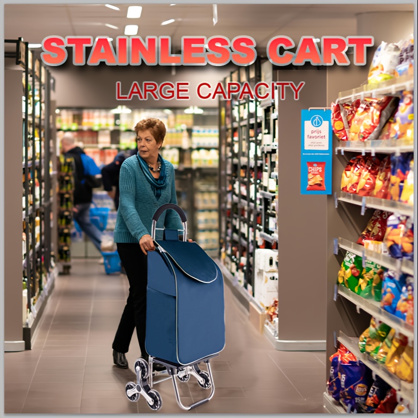 

1pc Foldable Stainless Steel Shopping Cart With Large Capacity Oxford Bag, Waterproof And Wear-resistant, Ideal For Grocery, Camping, Travel, And Outdoor Use, Sturdy Wheels For