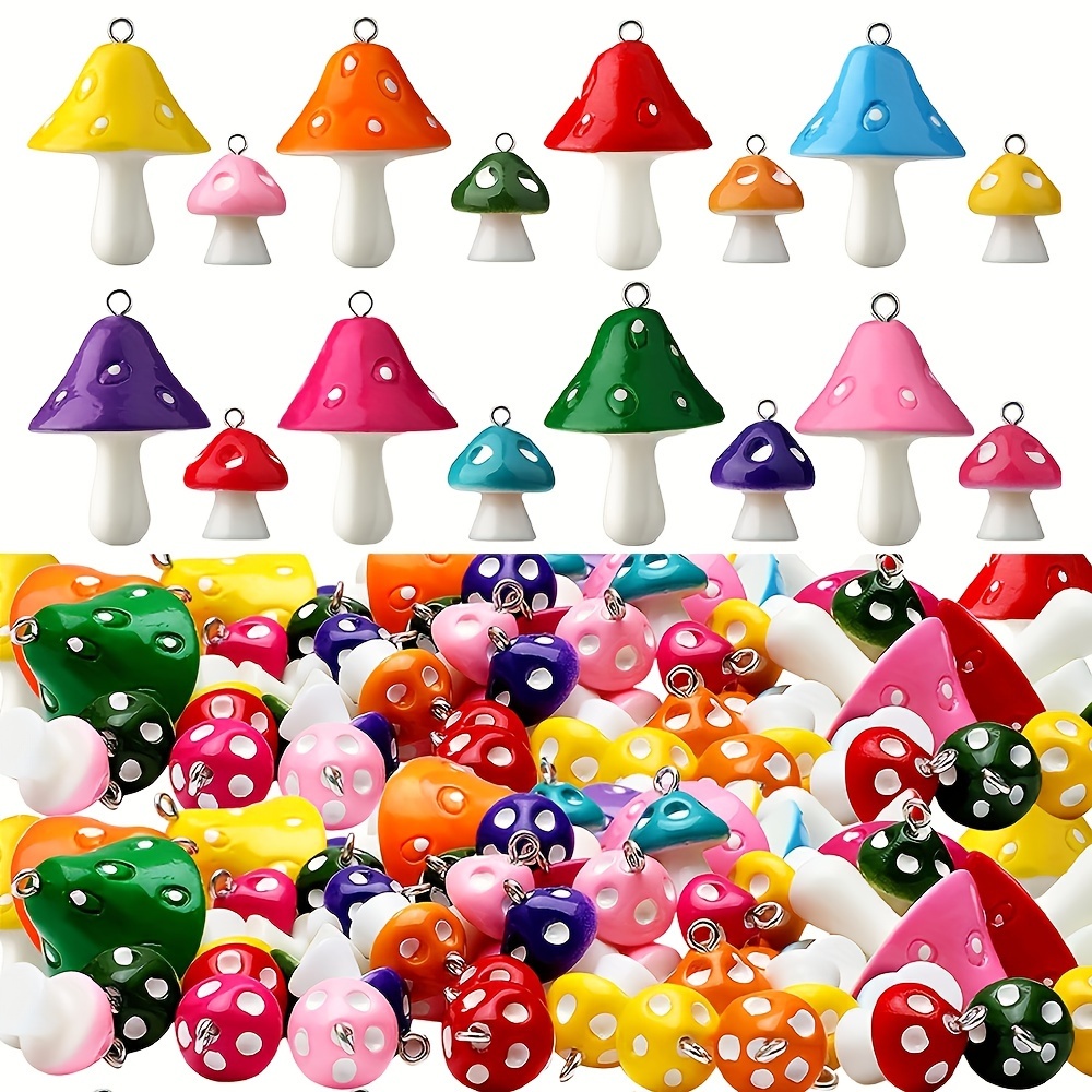 

80pcs Assorted Colors Resin Mushroom Pendants With Pins, Making Charms, Craft Supplies, Mixed