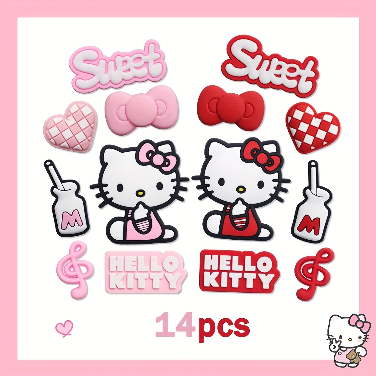 Image of 14pcs Hello Kitty Charms Set, Pvc Shoe Decoration Beach Bag, Shoe Additions Ornaments, Birthday, Christmas, Valentine's Day, Halloween Party Gifts