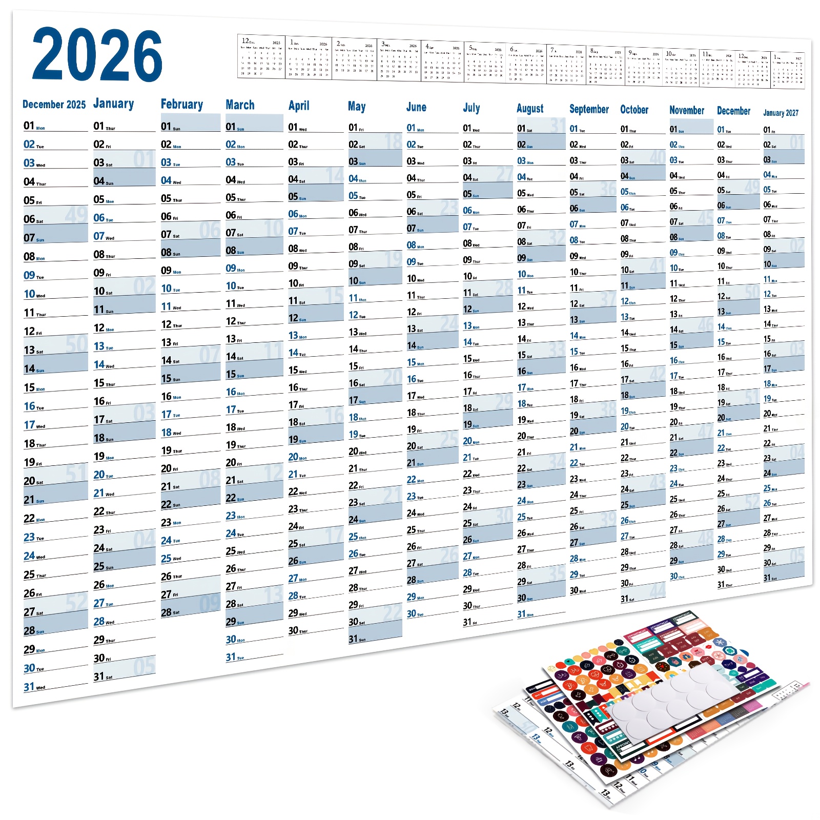 Image of 2026 Yearly Wall Calendar - Full Year View Runs From Dec 2025 To Jan 2027, Wall Calendar Planner 2026, 20.7" X 29.2" (open), Thick Paper With 4 Sheets Of Stickers And 10 Of Round Adhesive Dots