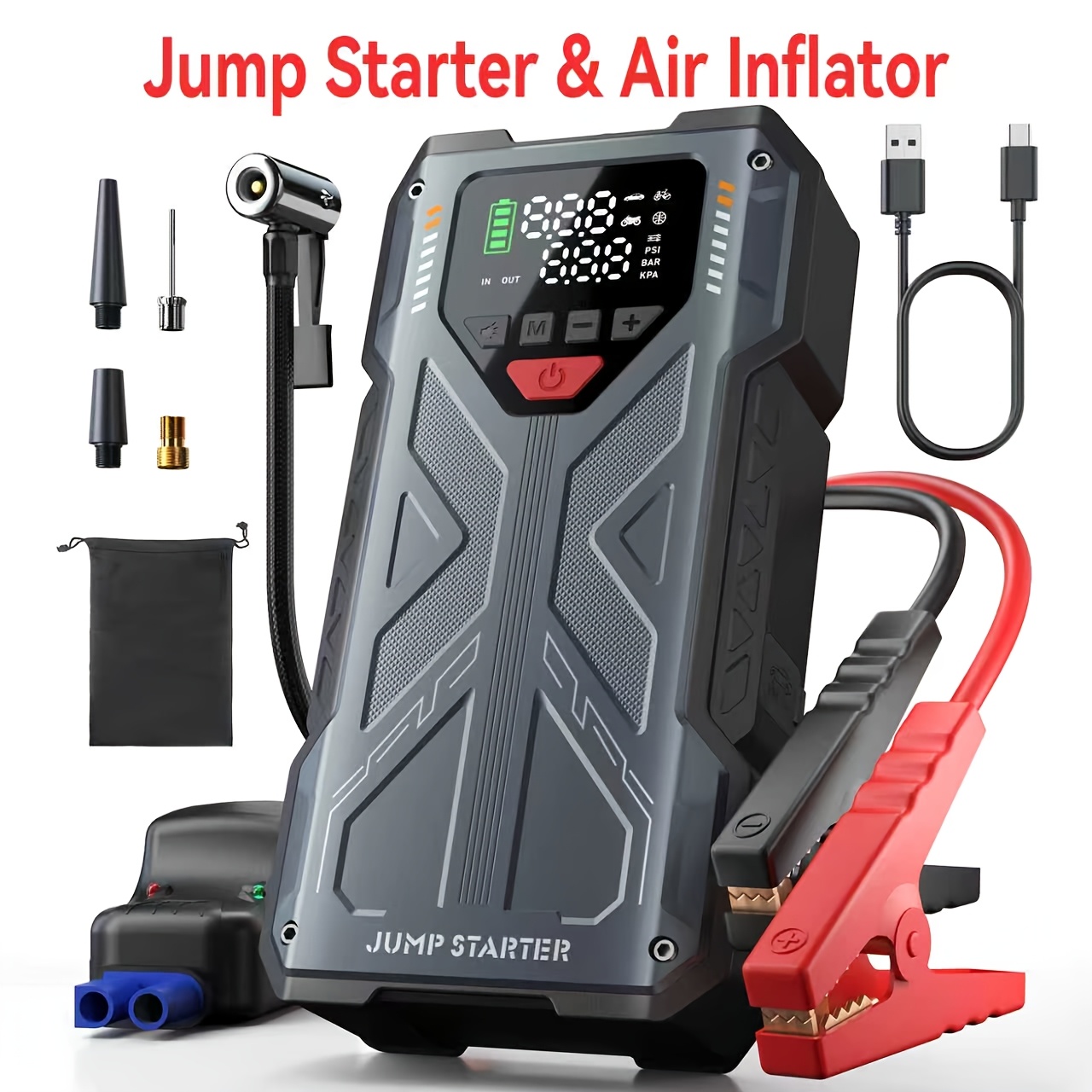 TEMU 12000mah Car Jump Starter With 150psi Air Compressor, 6000a Car Battery Booster 12v With Tire Inflator, Power Bank (8.0l Gas/6.5l ), Led Light