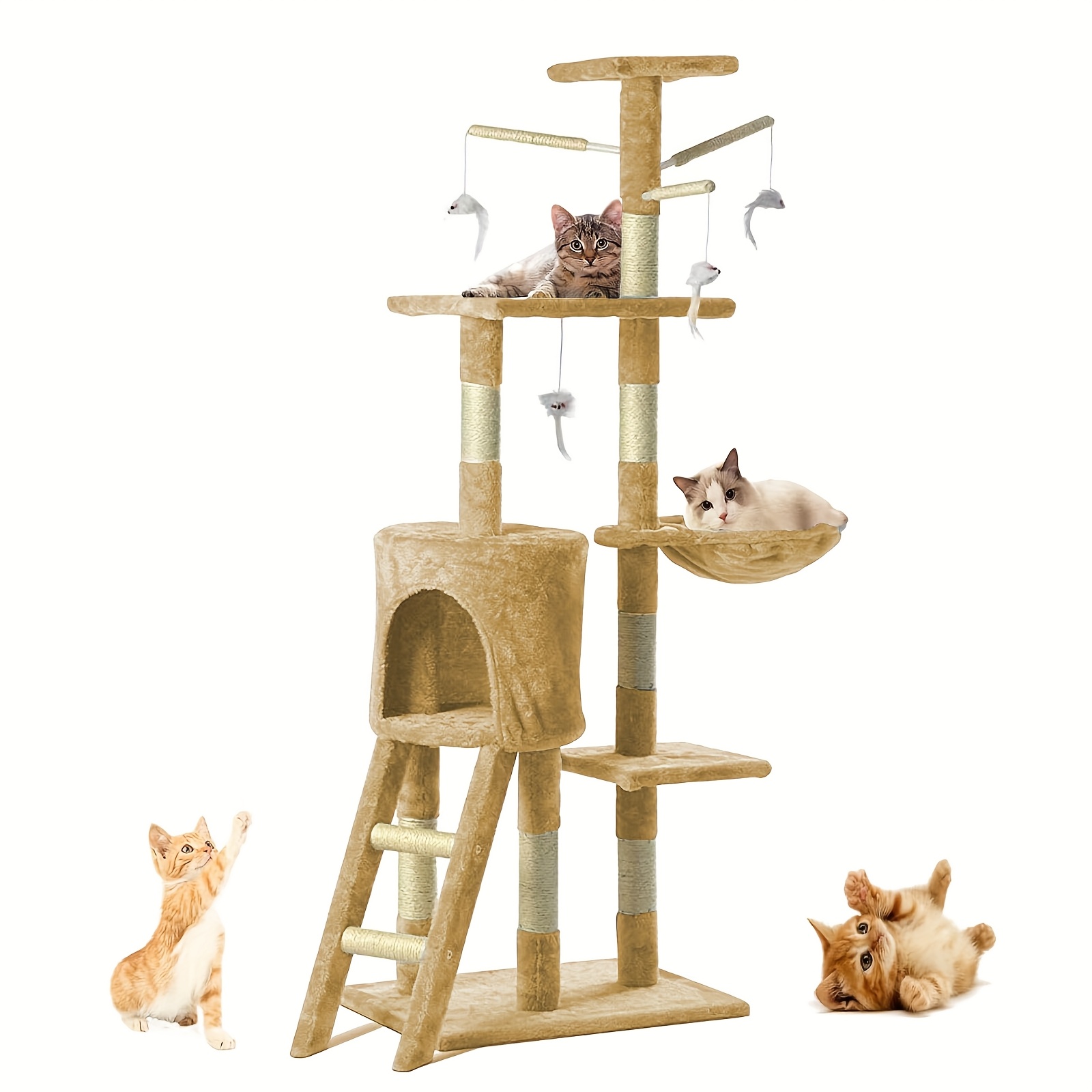 Turn pentru pisici de 140 cm înălțime, cu mai multe niveluri, stâlpi de zgâriat din sisal, cadru mare de cățărat, scară, hamac și casă - Mobilier robust pentru interior, pentru pisoi și pisici, turn alb/maro pentru cățărat, odihnă și joacă