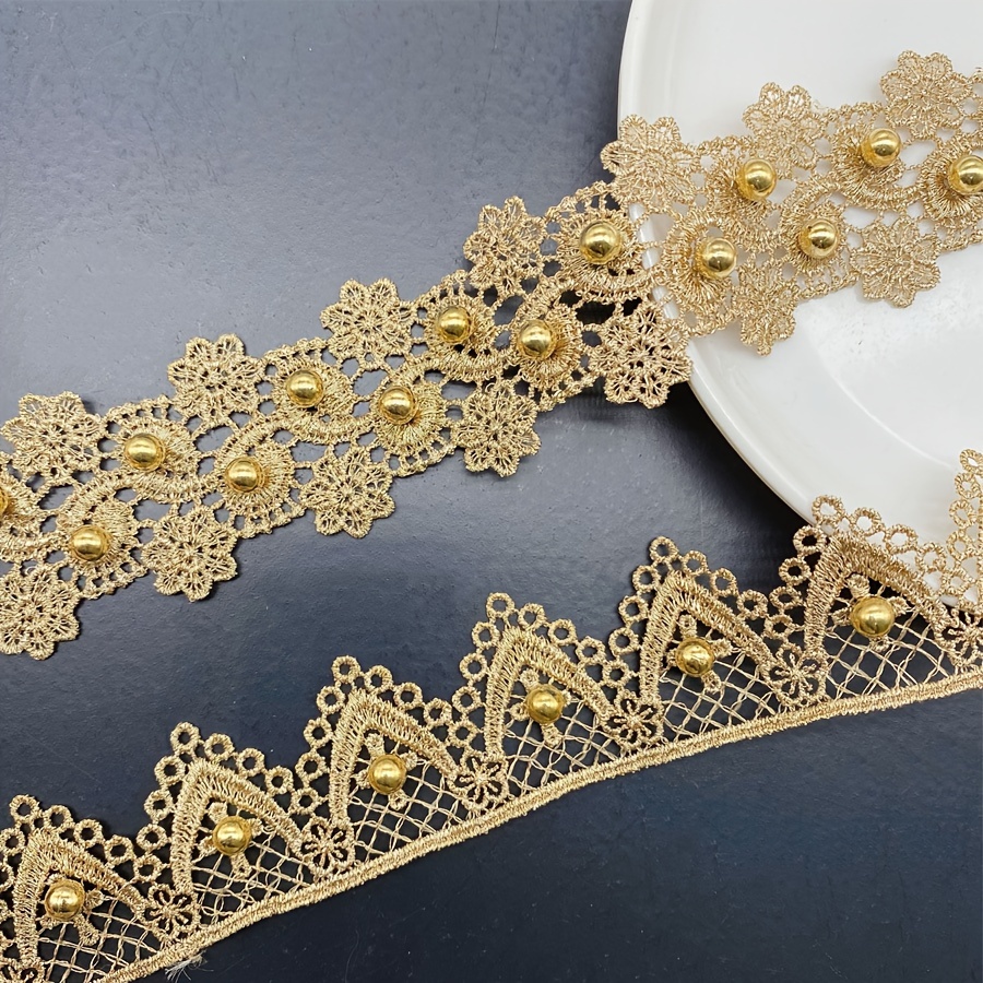 

Golden Lace Trim With Bead Embellishments - Handcrafted Sewing Accent For Arts & Crafts