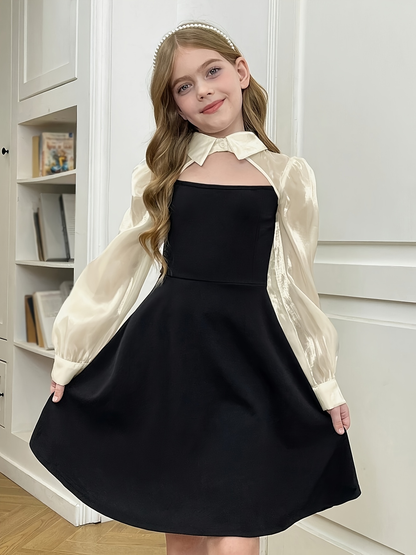 teen girl two tone spliced dress long sleeve shirt collar a - Temu United  Arab Emirates
