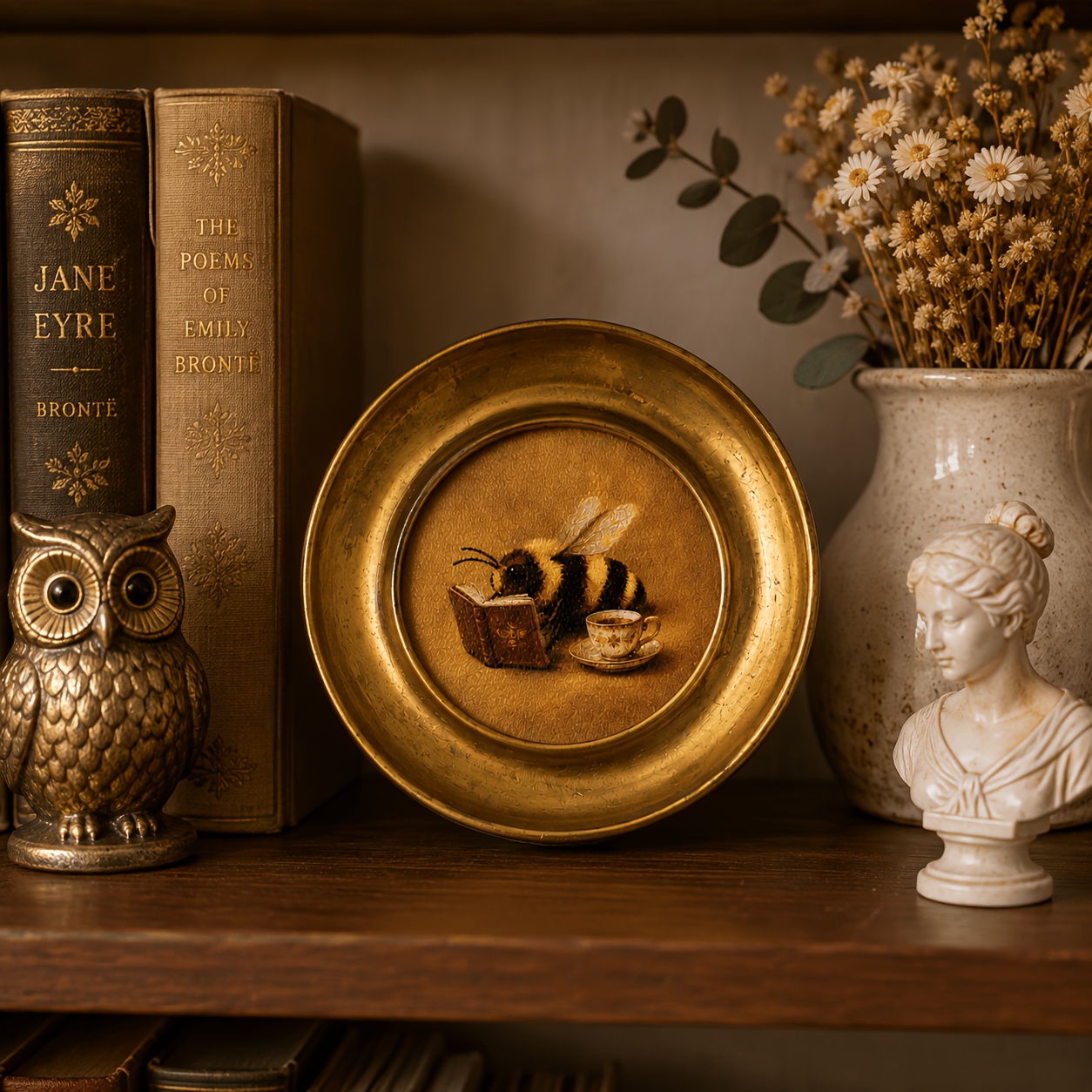 TEMU 1 Vintage Round Decorative Photo Frame, Whimsical Bee Reading And Drinking Tea, Three-dimensional Electroplated Design, Dual Use As A Desktop