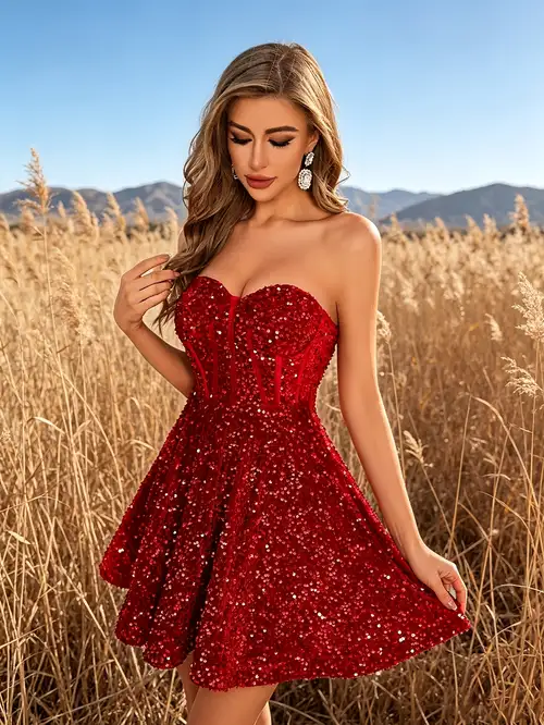 Red Sequined A-Line Crop Top Bodice Dress with Boning Waist Cincher and Built-in Bra Pads, Sparkly Back-to- Cocktail Party Dress, Fluffy Beaded Sequined Mini Skirt EN230185 Red Sequined A-Line Crop Top Bodice Dress with Boning Waist Cincher and Built-in Bra Pads, Sparkly Back-to- Cocktail Party Dress, Fluffy Beaded Sequined Mini Skirt EN230185