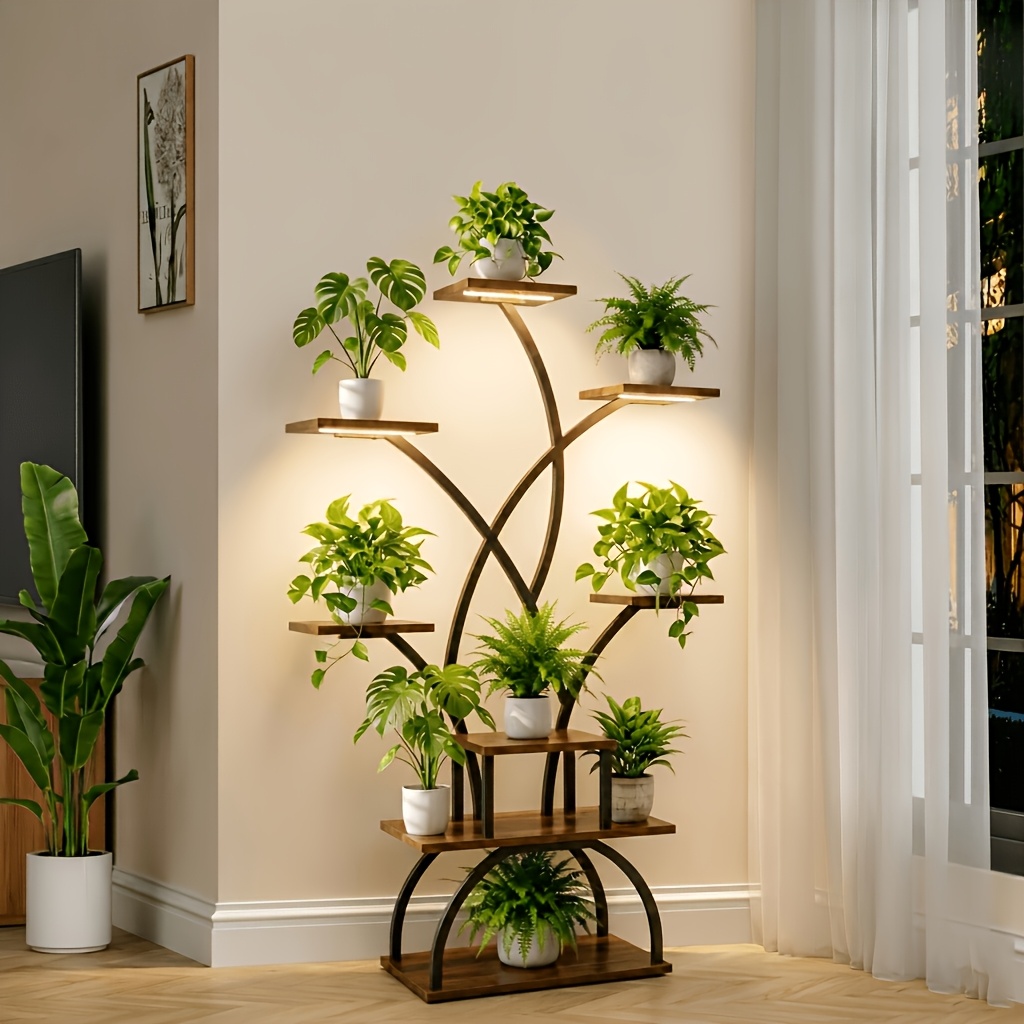 TEMU Support de Plantes d'Intérieur d'Arbre avec Lampes de Croissance à Spectre Complet, Étagère à Plantes à 8 Niveaux en Métal et Bois, Présentoir à