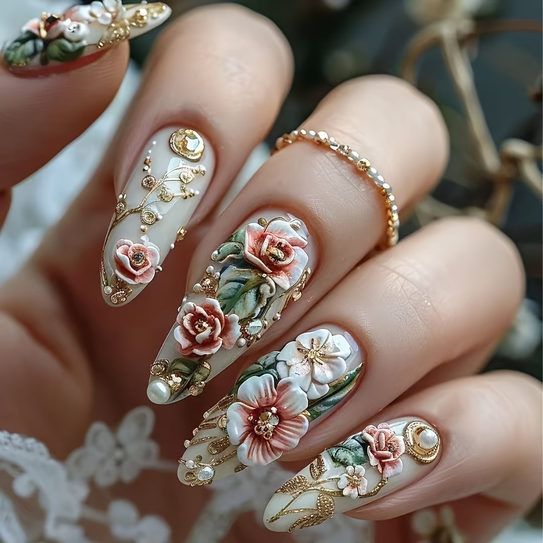Image of Chinese , 24pcs Elegant Fragrant Peony False Nails, Floral Luxurious Temperament High-end Atmosphere And Elegant Wearable Nails, Elegant Women' And Travel Essential Nail Art
