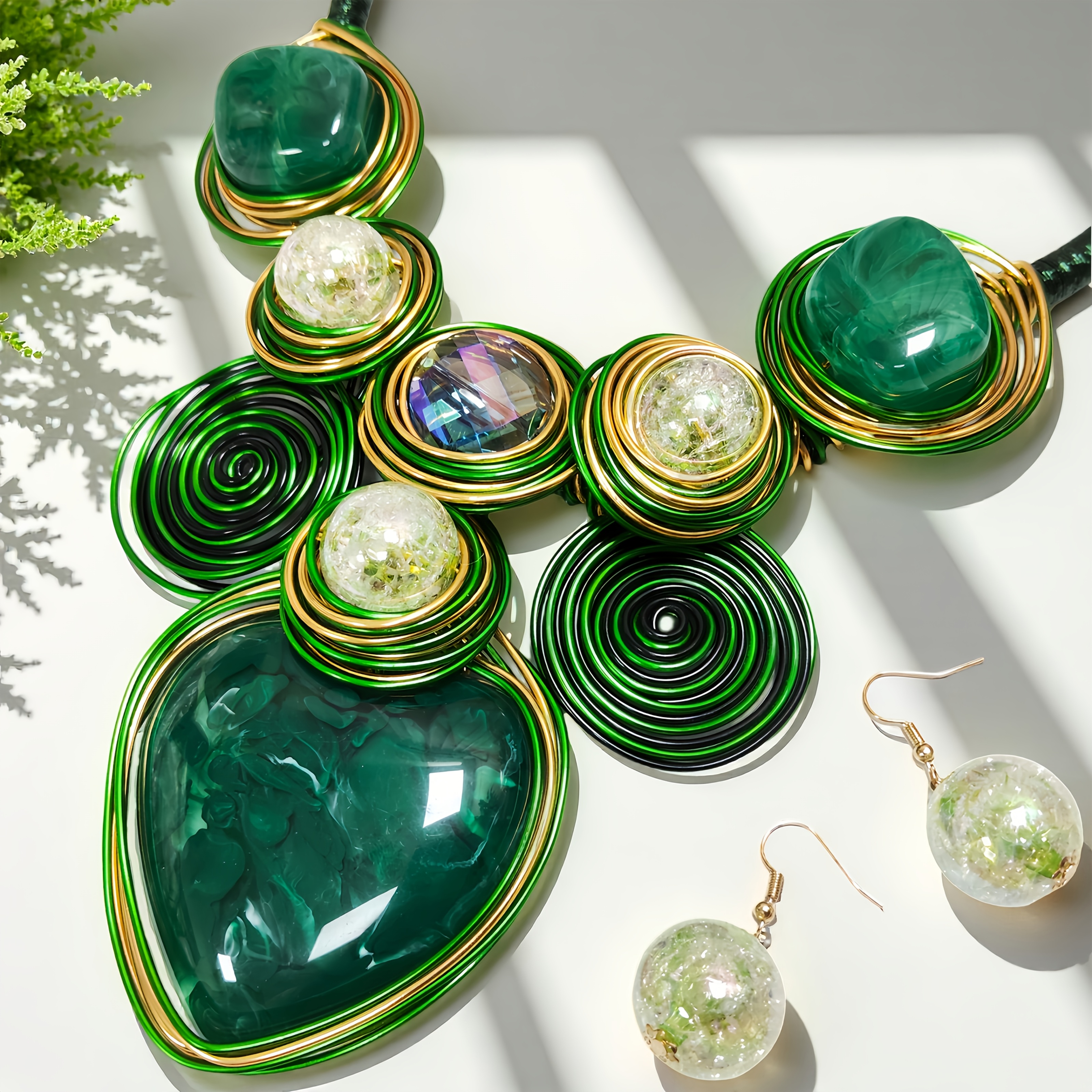 TEMU Promotion de Noël ! Collier et boucles d'oreilles en résine tressée à , design élégant et luxueux avec cœur vert , accessoires tendance et