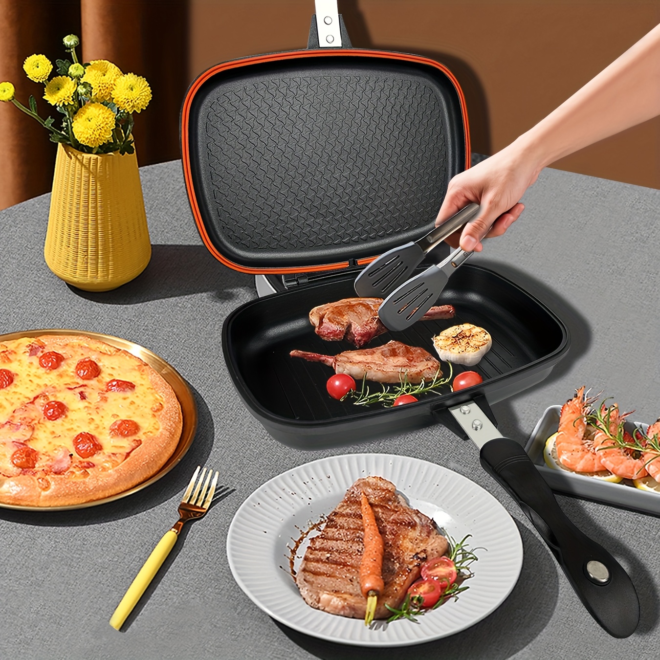 Professional-Grade Double-Sided Frying Pan with Reinforced Non-Slip Grip,  3D Convex Texture for Heat Distribution Rivet-* Aluminum Surface, 