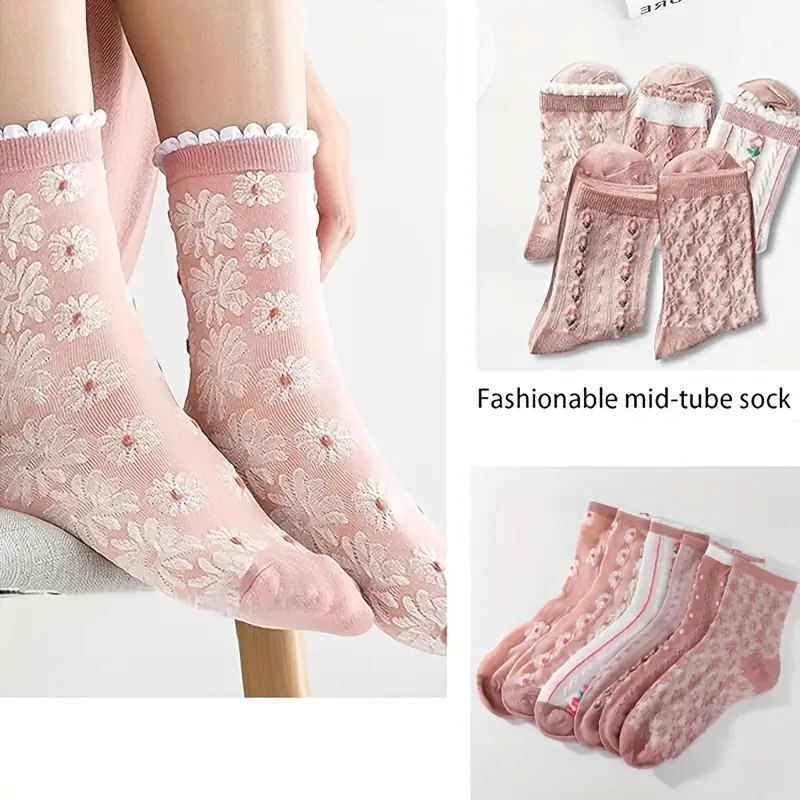 ladies fancy dress socks 6 pairs embroidered cute floral crew socks women flower