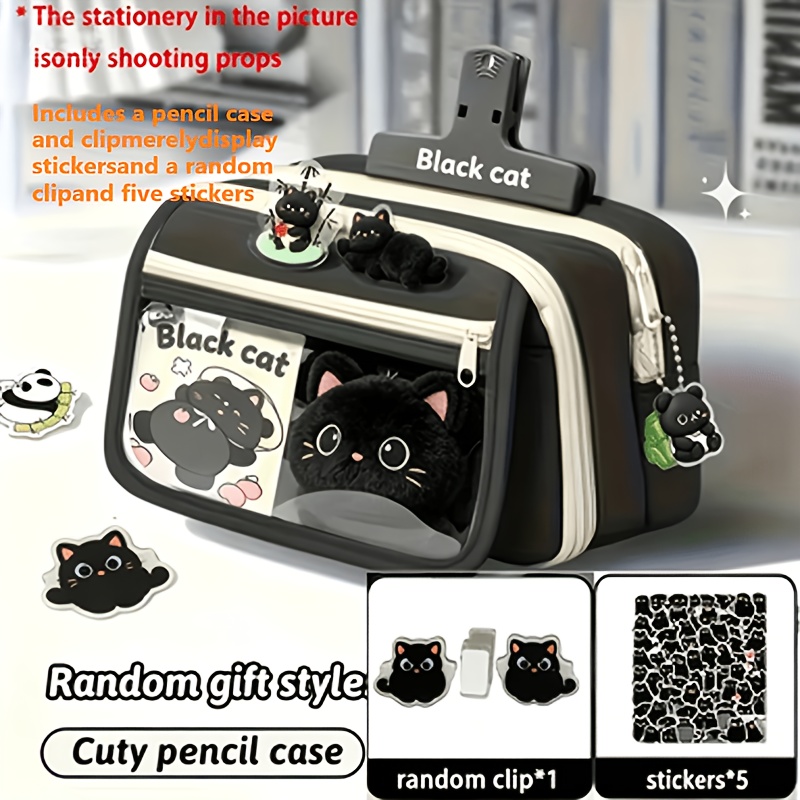 TEMU Easy Transparent Pencil Case, Cute Little Black Cat Large Capacity Stationery Bag, Student Storage Pencil Case, Includes Pencil Case, Stickers,