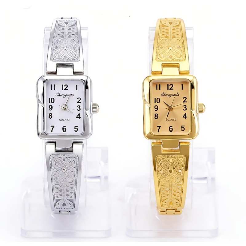 TEMU 2pcs Exquisite Women's Bracelet Watches, Golden And Silvery Square Arabic Numeral Dial Quartz Watches, Suitable For ' Daily Casual Wear