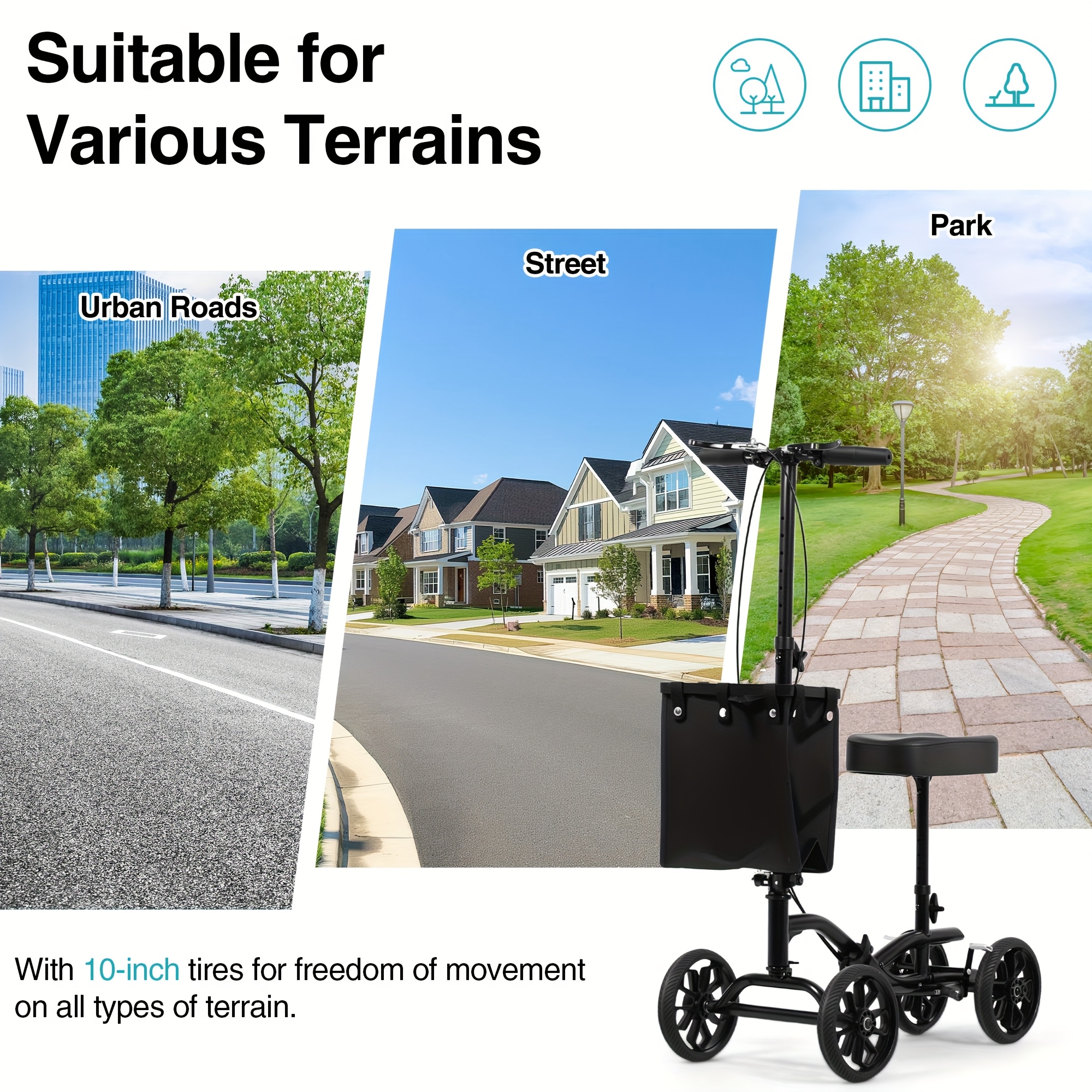 Advwin Knee Walker Scooter, Mobility Aid with 25.4cm Tires, Foldable & Adjustable Walker Pad, Crutches Alternative for Foot Injuries, Leg Injury, Black