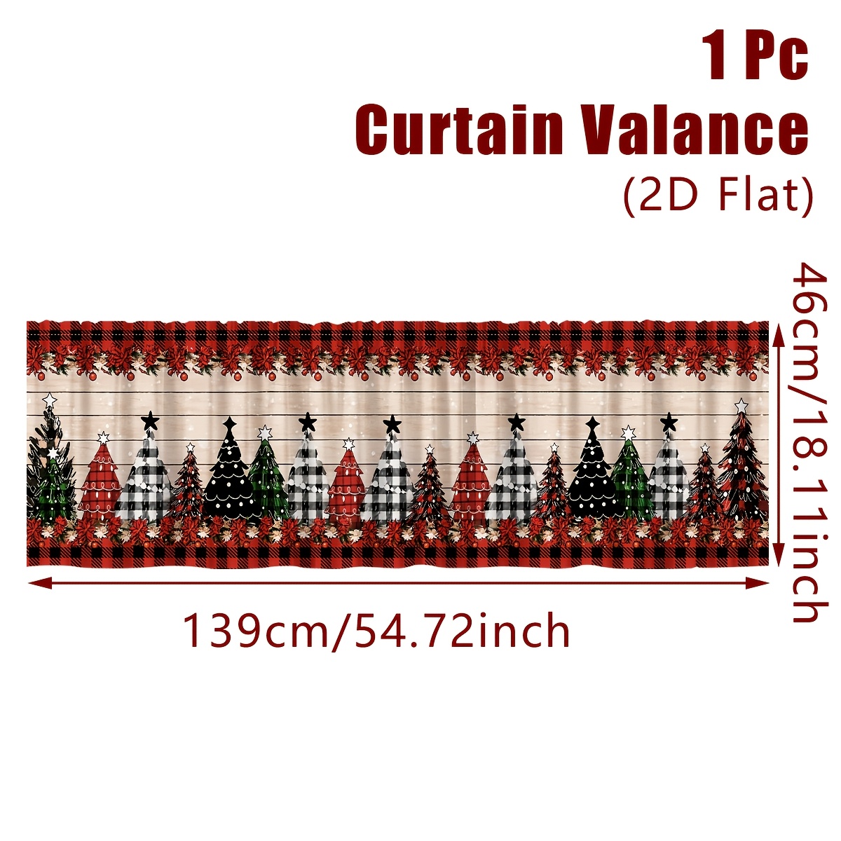TEMU 2d Flat - 2d Flat - 2d Flat, 1pc, Christmas Valance Curtain, Pine Tree Patterns Tartan Window Drapes, 54-inch Rod Pocket Valance, Ideal For Xmas