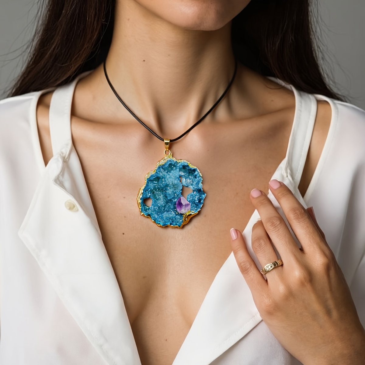 Women's Blue Natural Stone Pendant Necklace, Rock Quartz