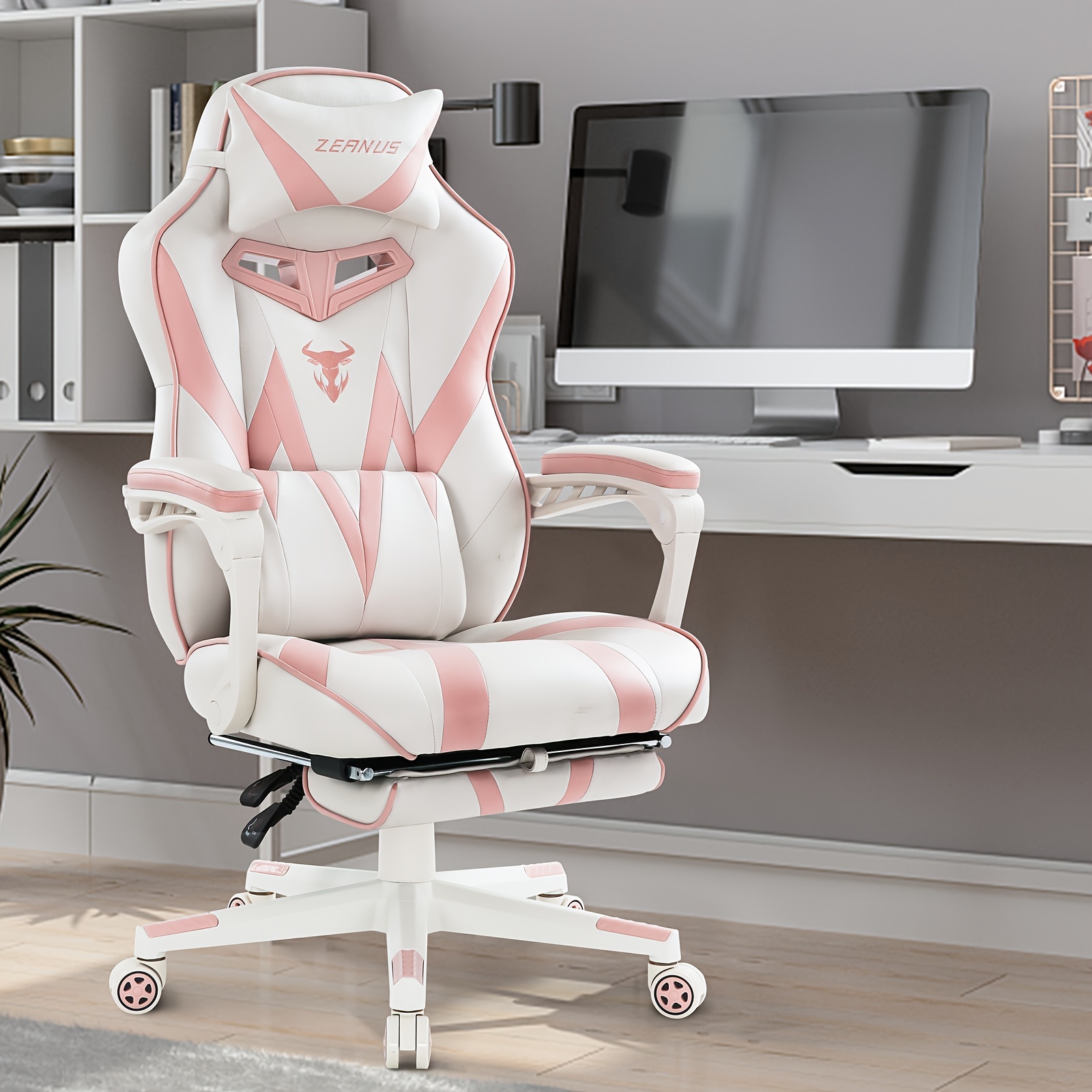 Pink Gaming Chair for Adults Girls Ergonomic High Backrest with  Massage, Reclining Swivel Office Computer Chair Design with F - Main Image