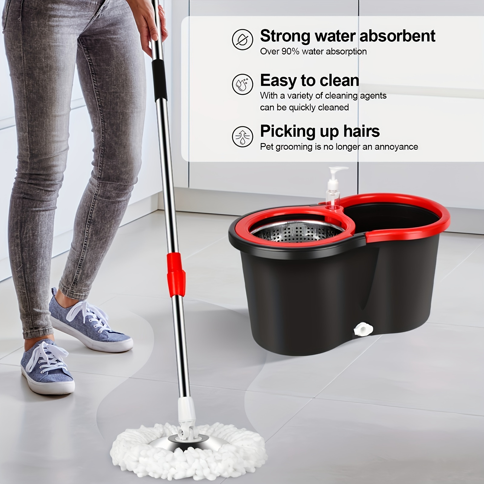 

Self-wringing Spin Mop And Bucket Set With Stainless Steel Handle, System, Strong Water Absorption, Easy To Clean, Ideal For Living Room, Bedroom, Bathroom, Kitchen, And Floor Cleaning