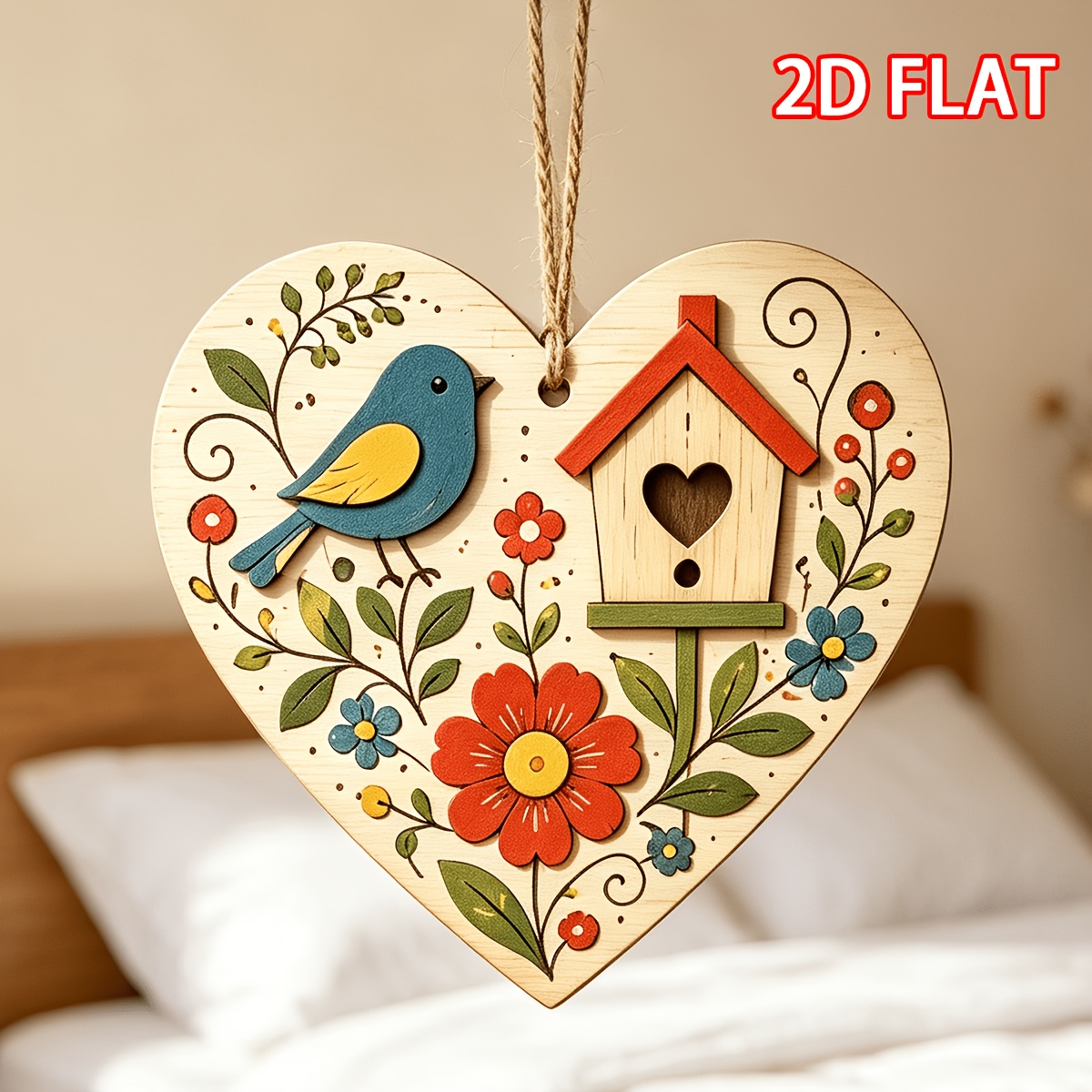 TEMU 1 pz Ornamento per porta in legno a forma di cuore e piccolo uccellino, decorazione da appendere, per uso interno ed esterno, utilizzabile per