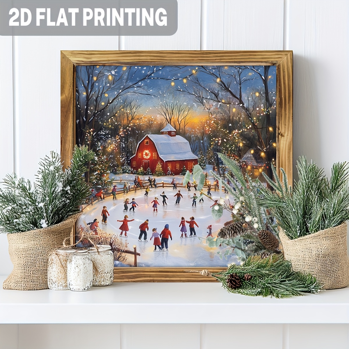 TEMU 2d Flat, 1pc Rustic Skating Barn Wall Art With Twinkling Lights - Wood Framed 8x8 Inch Farmhouse Christmas Sign, Snowy Red Barn & Ice Scene -