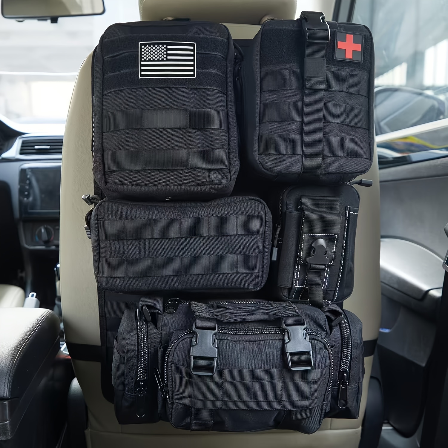 Car Seat Rear Organizer And Storage Truck Seat Cover With Molle Vehicle Panel And 5 Different Sizes Of Molle Pockets For Most Models Such As Jeeps, Suvs, Pickup Trucks