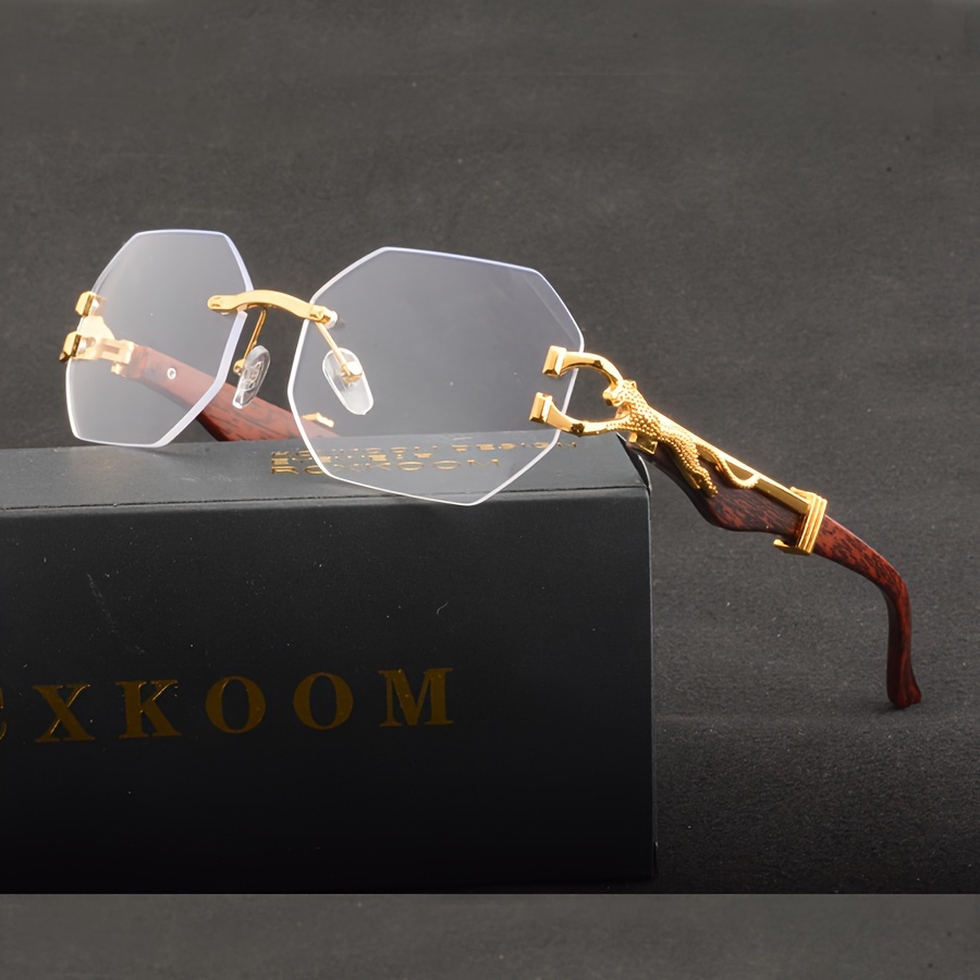 

Rcxkoom Classic Rimless Glasses With - Elegant Golden Metal Frame, Wood Grain Detail, For - Ideal For Outdoor, Party, Travel, Driving & Photo