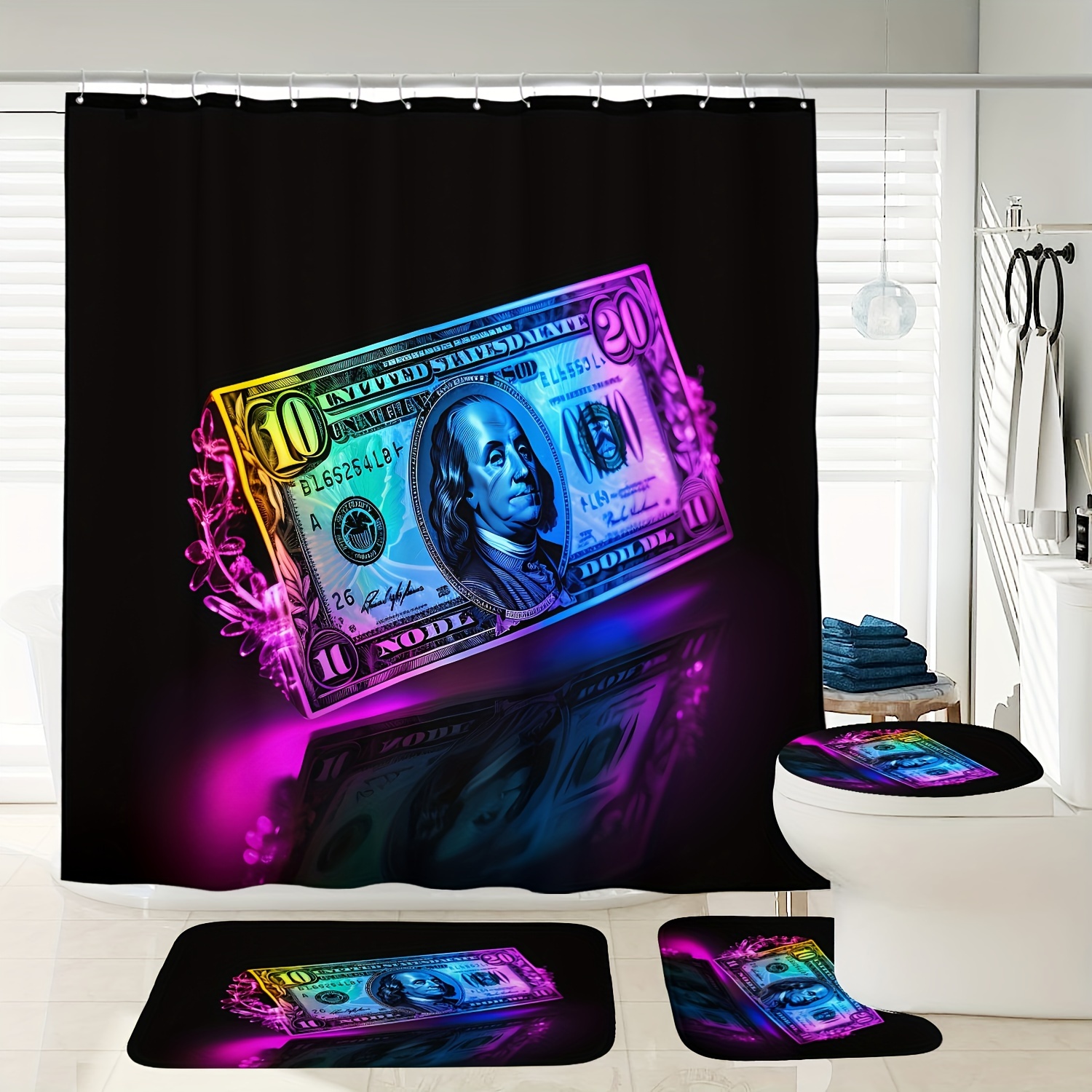 

Glowing Us Dollars Pattern Printed Shower Curtain Set & Bath Mat, Polyester , , Includes Lining & 12 Plastic - 72x72 , , Non-bleachable