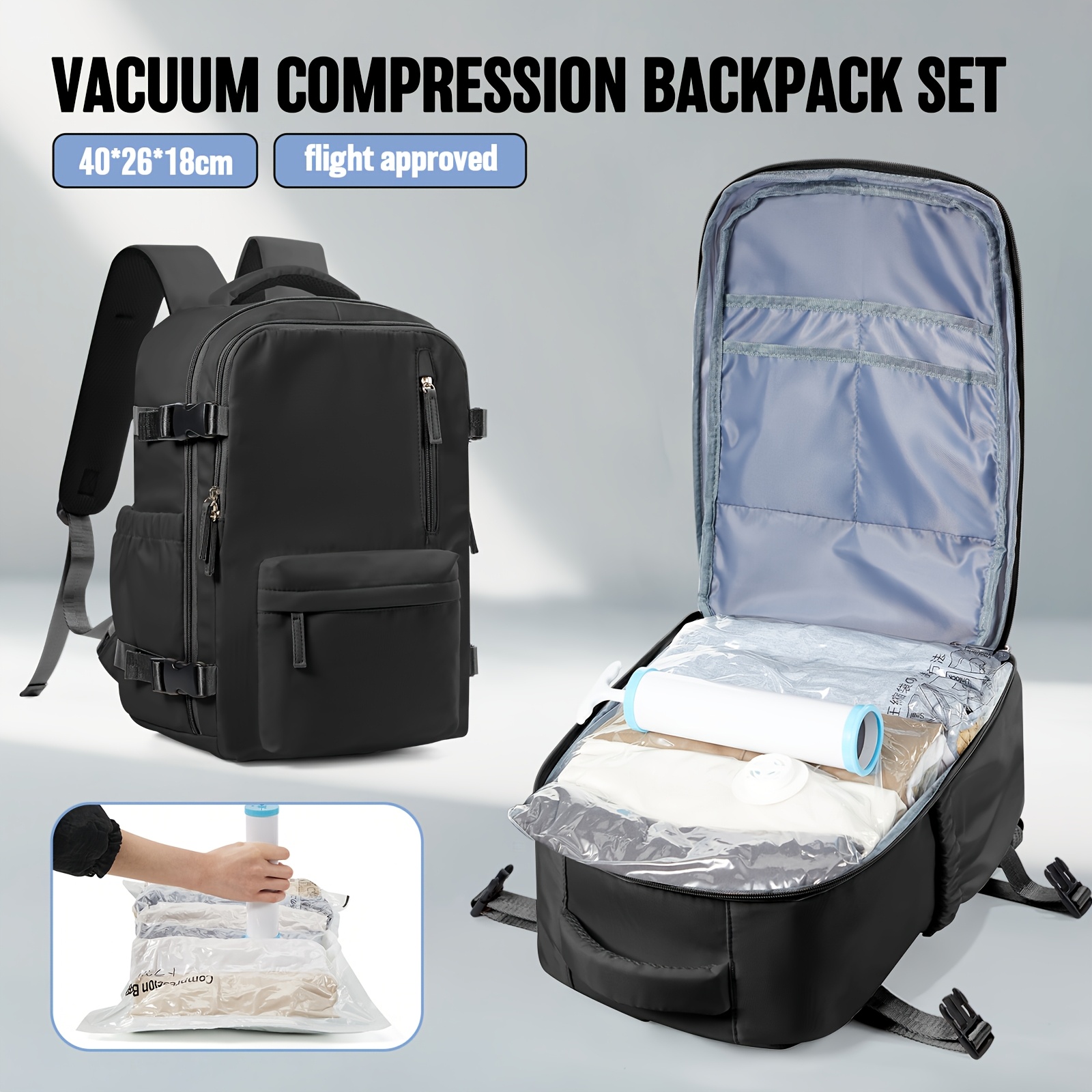 E-shop Reisetasche Gepäcktasche 40*25*20, flugtauglicher multifunktionaler Rucksack, Damenrucksack, Vakuum-Kompressionsbeutel mit Vakuumpumpe,