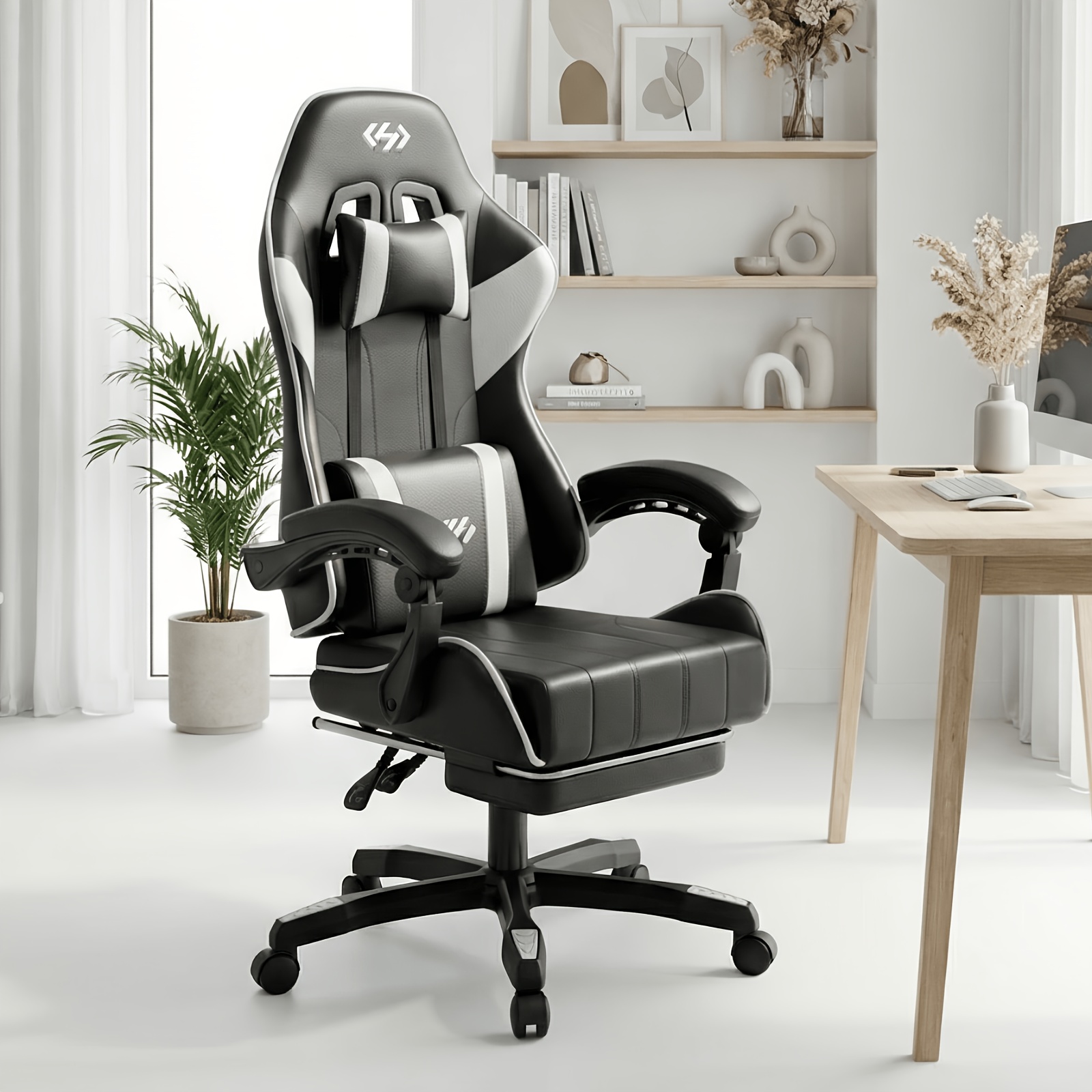 Cadeira Gamer Ergonômica, Cadeira de Escritório com Altura e Encosto Ajustáveis, Cadeira de Escritório para Computador com Suporte Lombar, Apoio para os Pés e Apoio de Cabeça, Cadeira Gamer Giratória 360° com Apoios de Braço Articulados