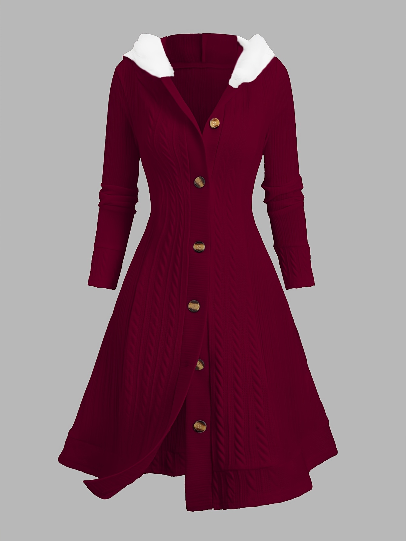 Abrigo tejido con capucha estilo Y2K para mujer, 100% poliéster, color liso, abrigo largo con botones y detalles de pelo sintético, diseño de tejido de cable, colección otoño/invierno - Imagen 3