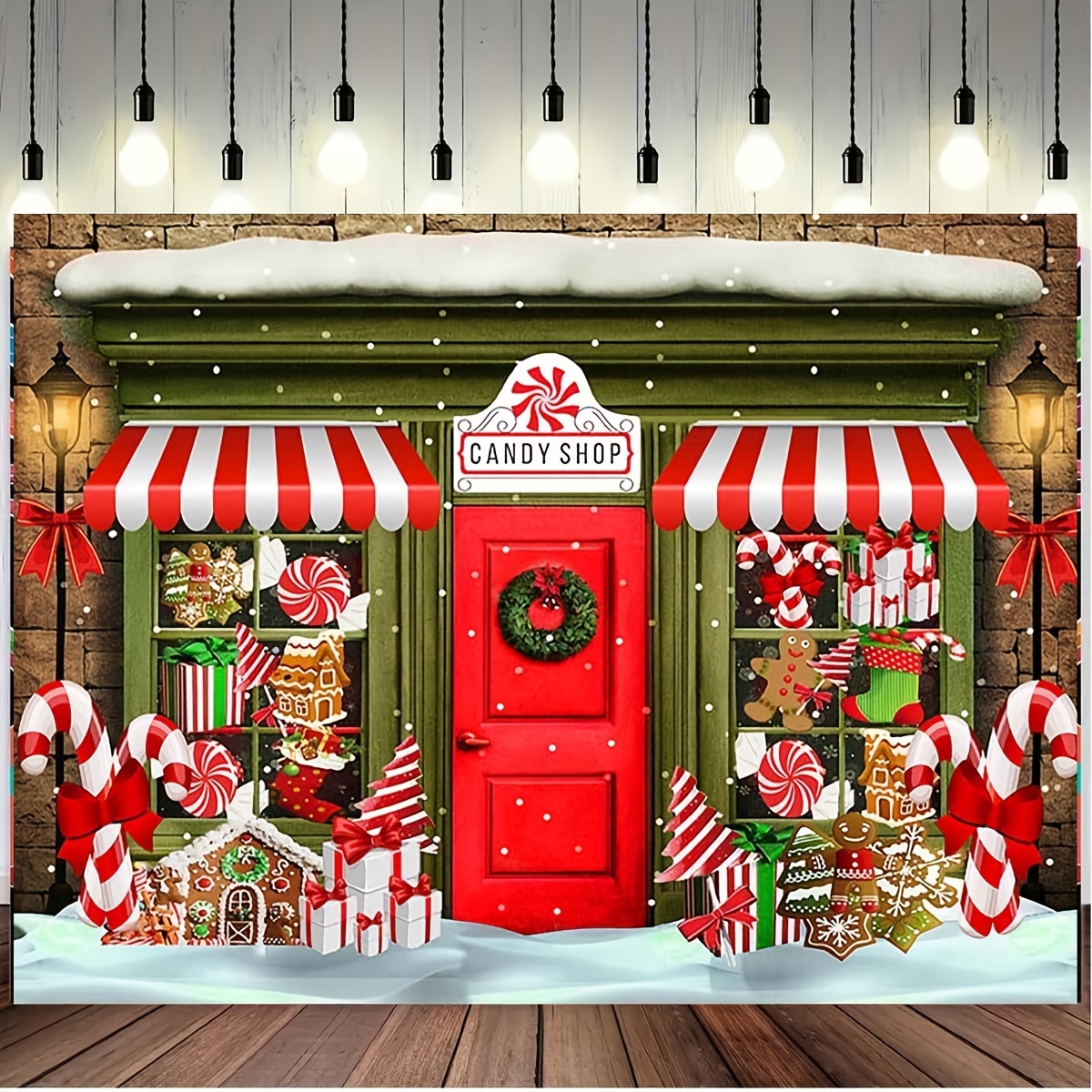 

Christmas Candy Backdrop, Vinyl Winter Scene With Wreath, Gingerbread, And Photobooth Decor, Holiday Party Decoration Banner, Sweet Photography Background