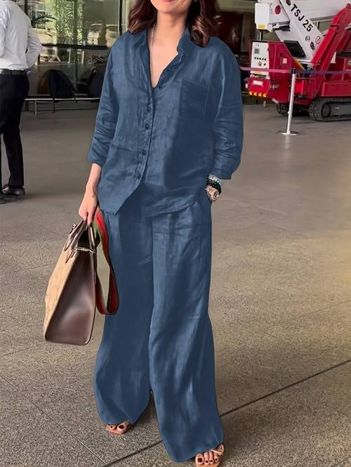 elegant womens casual cardigan solid color shirt and pants set