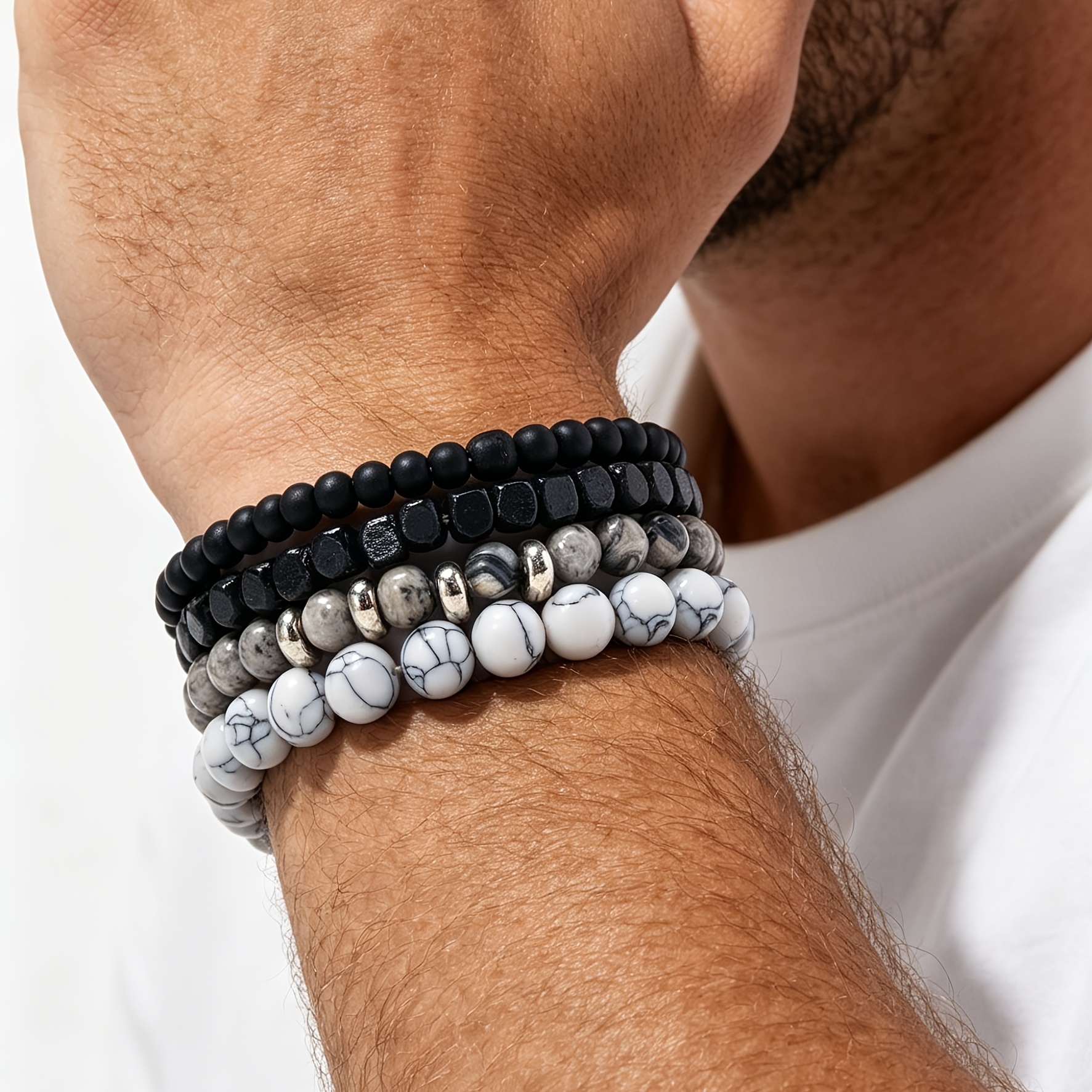TEMU 4pcs European And Black And White Contrasting Stone Men's Beaded Bracelets - Minimalist, Versatile, And Stackable Additions Suitable For Casual,