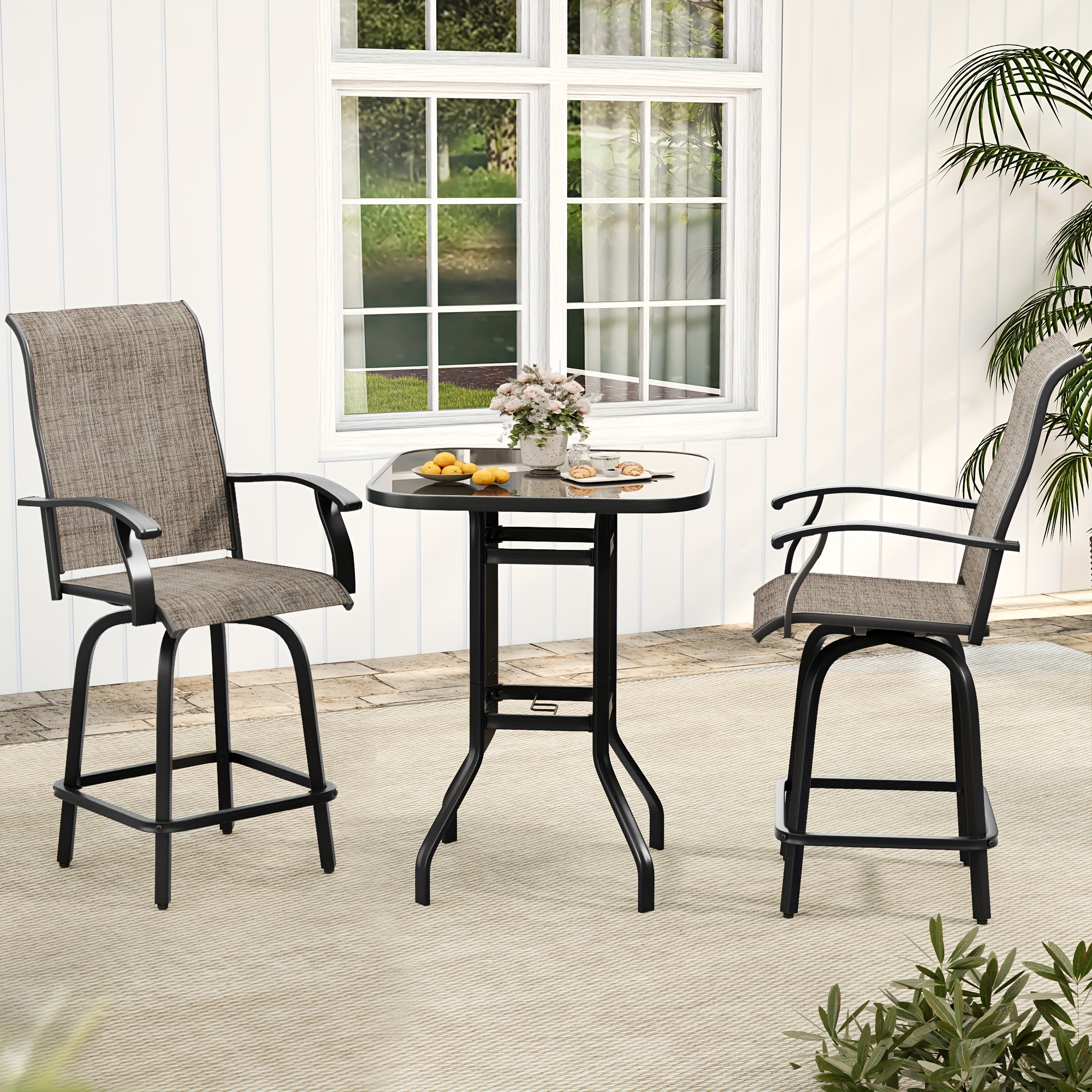 

3 Piece Patio Bistro Set W/swivel Bar Stools & Glass Top Table Outdoor Bar Set