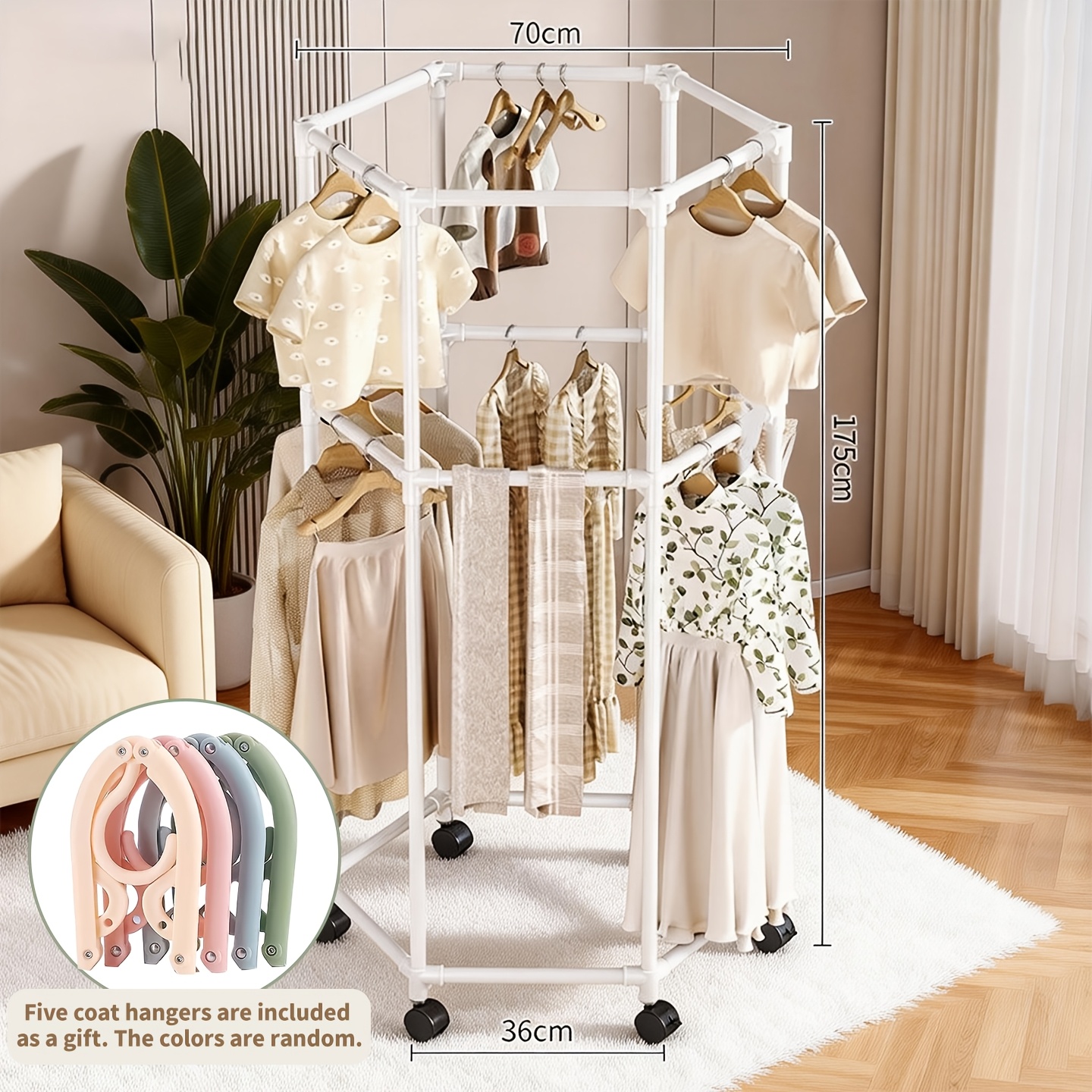 TEMU Porte-vêtements rotatif robuste avec 5 cintres pliables et système rotatif à 360° - Porte-vêtements vertical de place adapté pour buanderie,