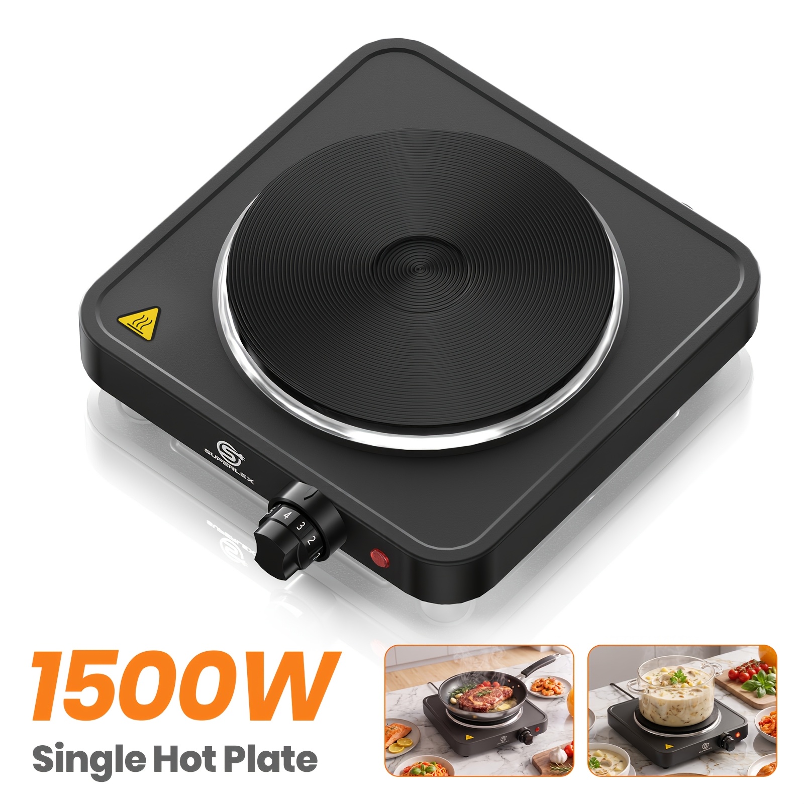 Image of Superlex Hot Plate Electric 1500w, Single Burner Portable Stove With Temperature Control & Protection, Cast Iron Heating Surface Compatible With All Cookware, Compact For Kitchen, Camping, Office, Rv