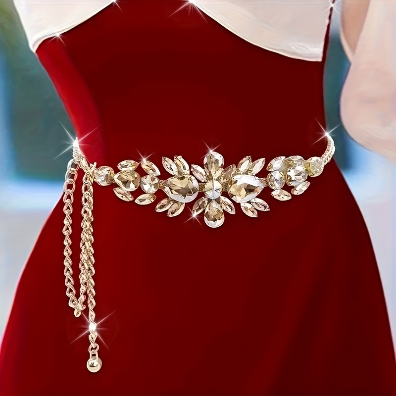 

Funky Style Adjustable Rhinestone Chain Belt For Women, 1 Piece Gold-tone Alloy Bohemian Waist Accessory For Party And Evening Wear