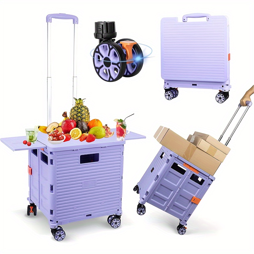 

Folding Utility Cart, Portable Rolling Crate Handcart With Magnetic Sliding Lid, Telescoping Handle, Plastic Box 360°swivel Wheels For Teacher, Purple Pro